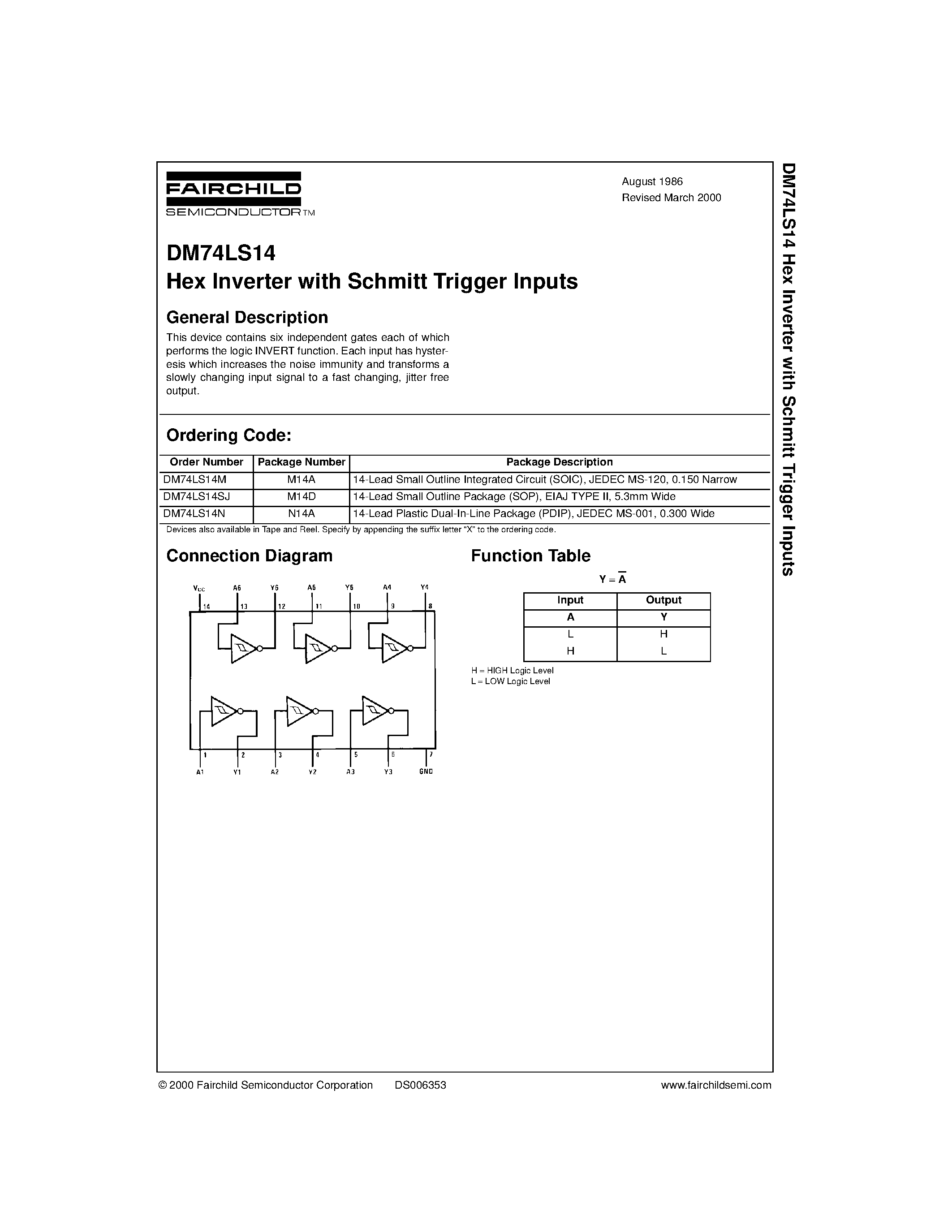 Даташит DM74LS14SJ - Hex Inverter with Schmitt Trigger Inputs страница 1