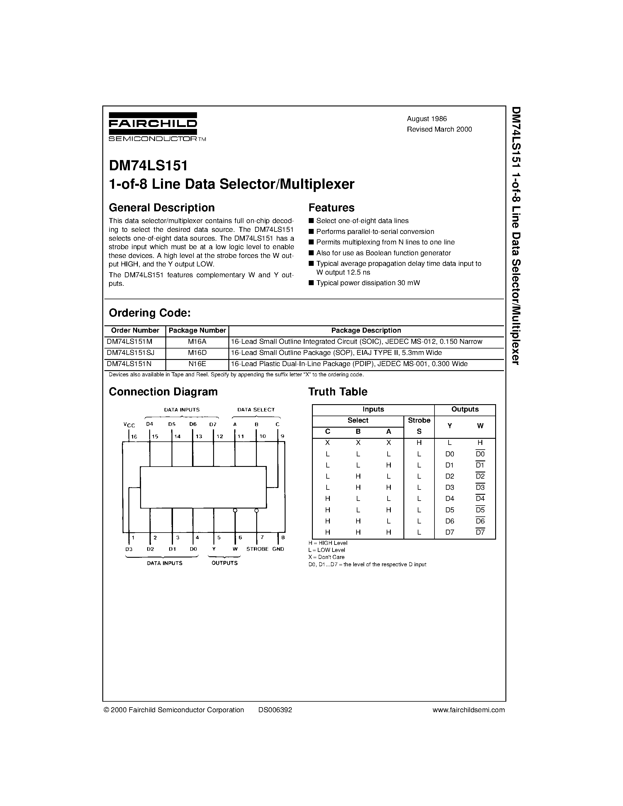 Даташит DM74LS151N - 1-of-8 Line Data Selector/Multiplexer страница 1