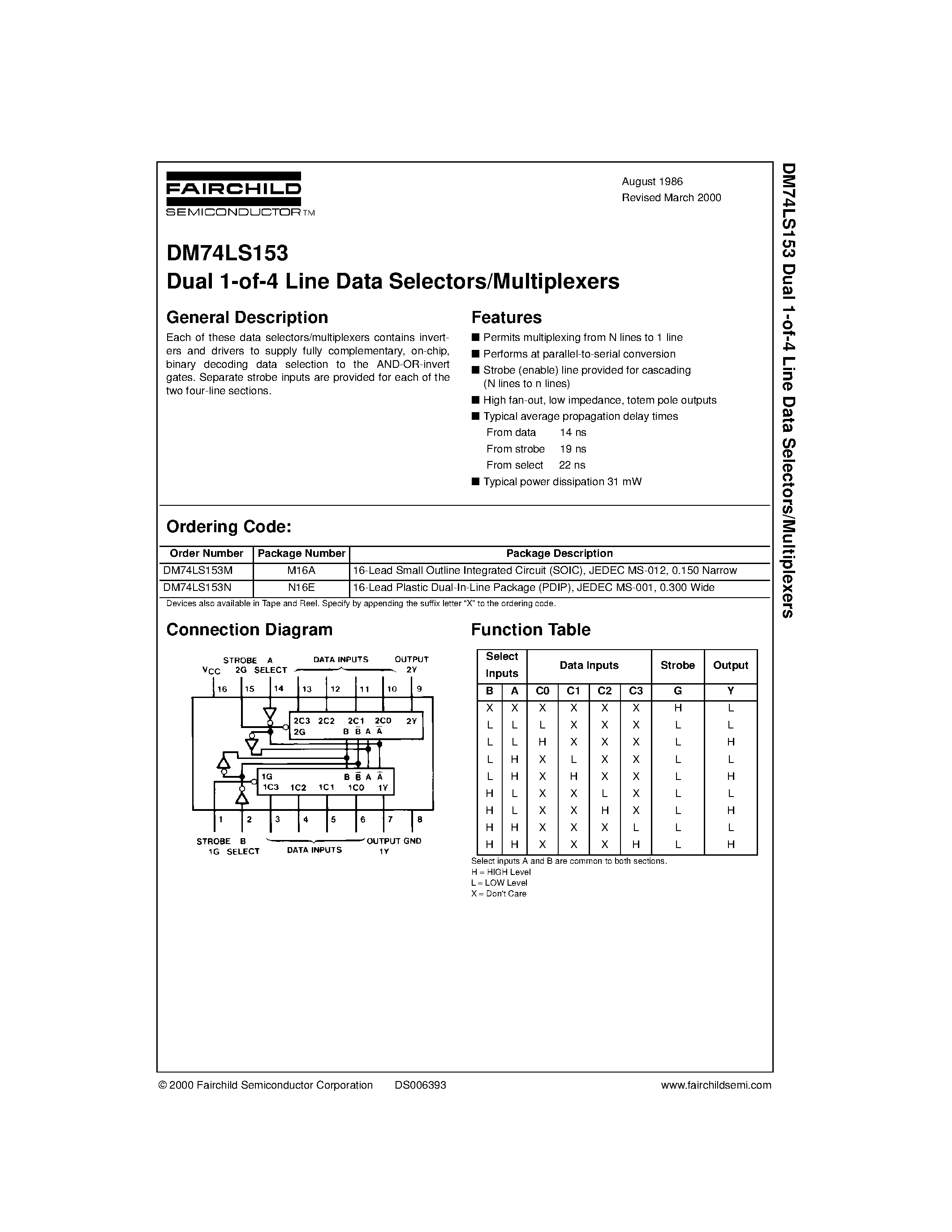 Даташит DM74LS153 - Dual 1-of-4 Line Data Selectors/Multiplexers страница 1