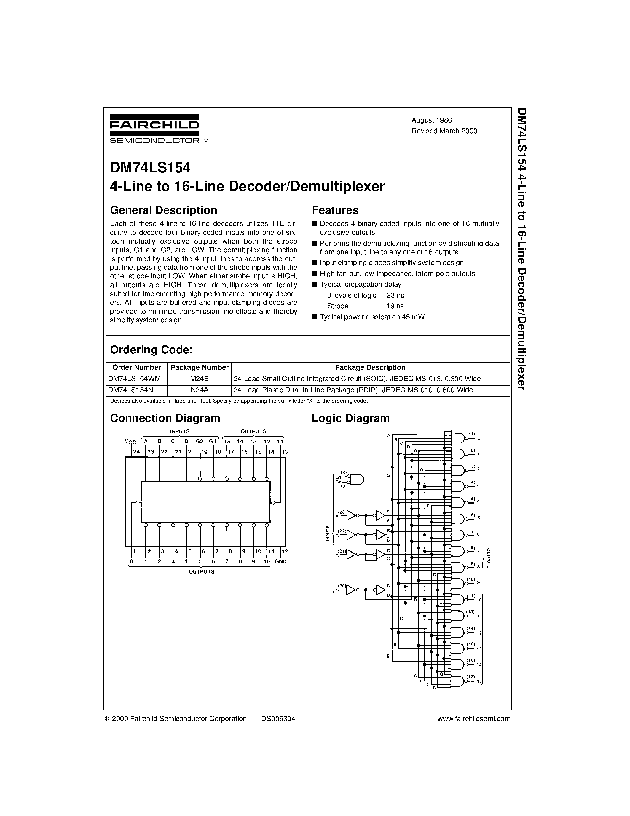 Даташит DM74LS154 - 4-Line to 16-Line Decoder/Demultiplexer страница 1