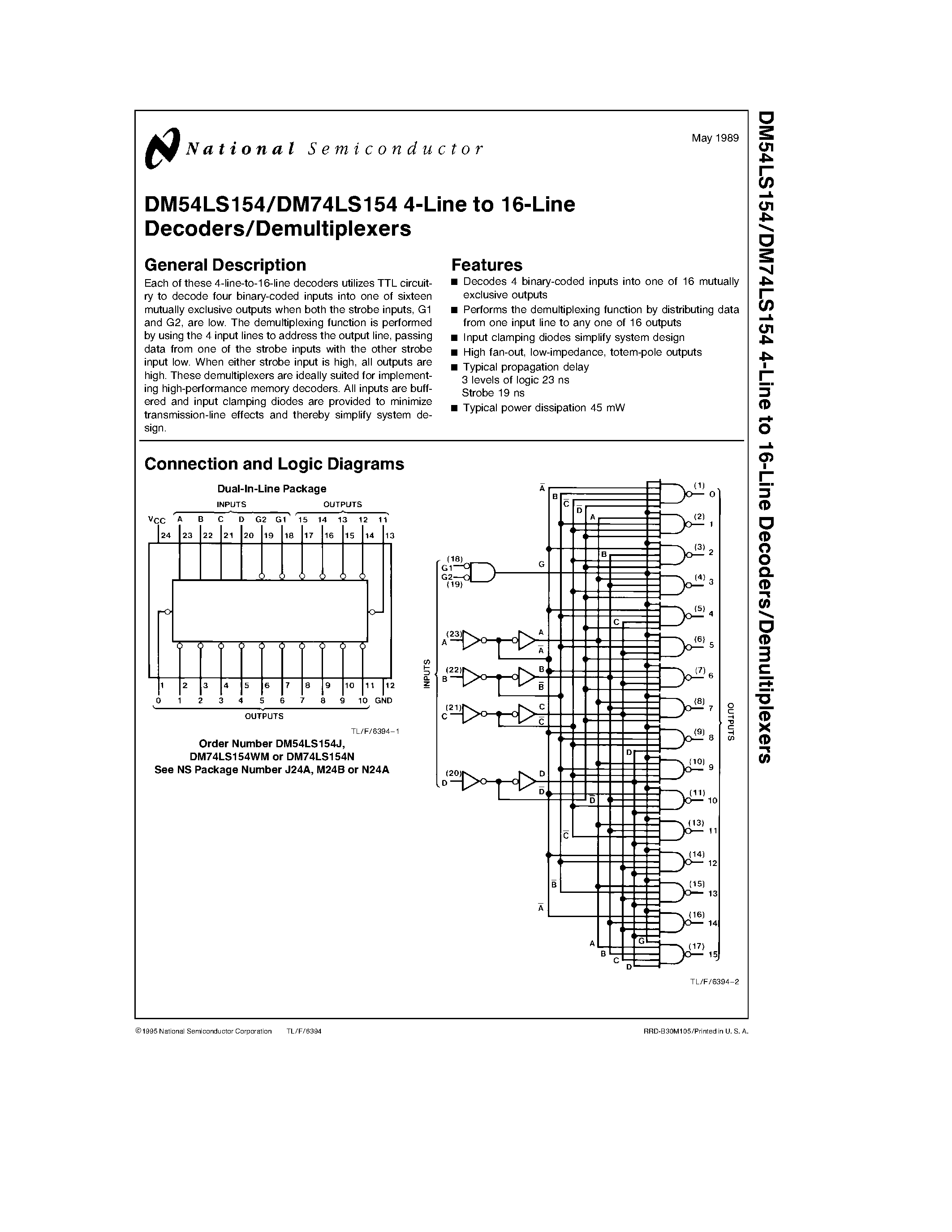 Даташит DM74LS154N - 4-Line to 16-Line Decoders/Demultiplexers страница 1