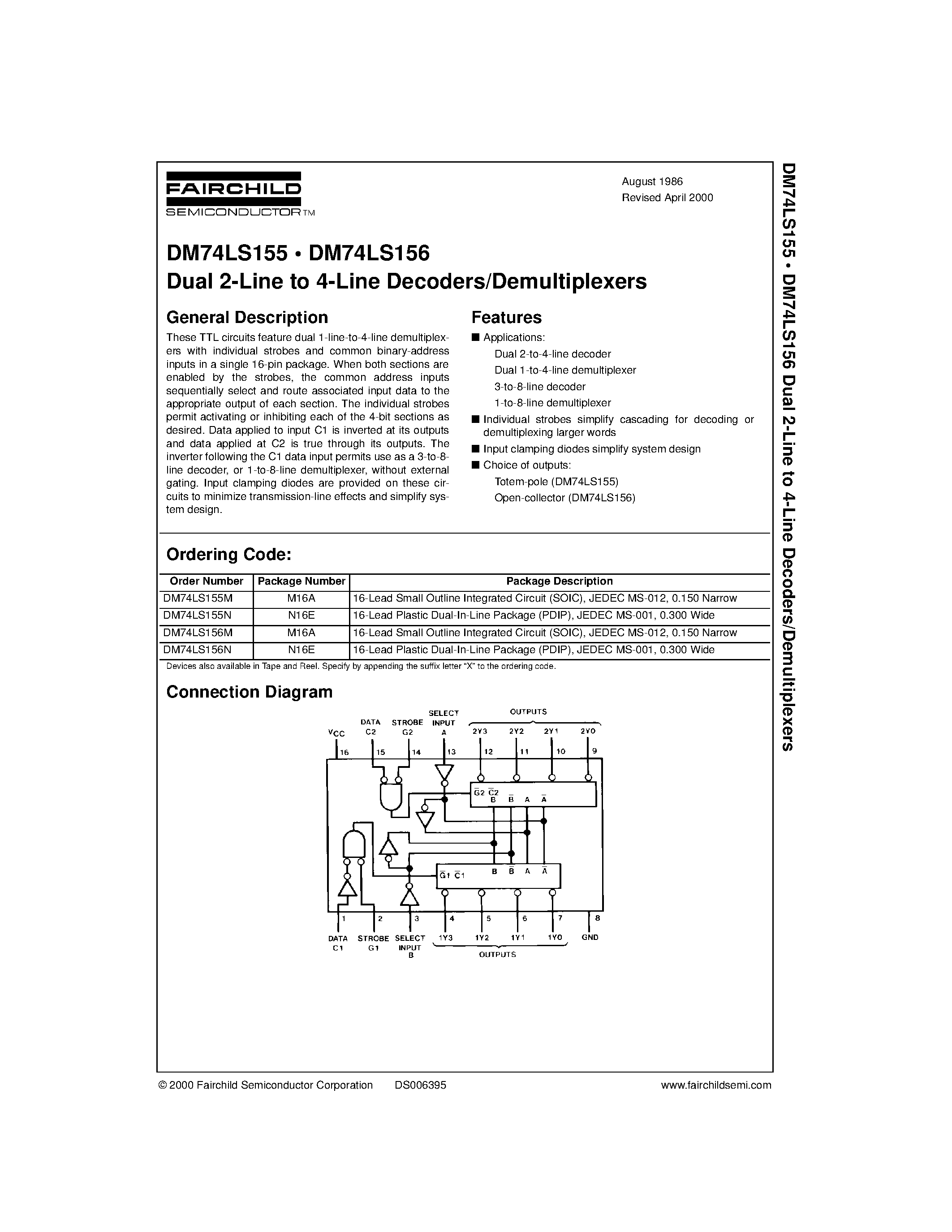 Даташит DM74LS155 - Dual 2-Line to 4-Line Decoders/Demultiplexers страница 1