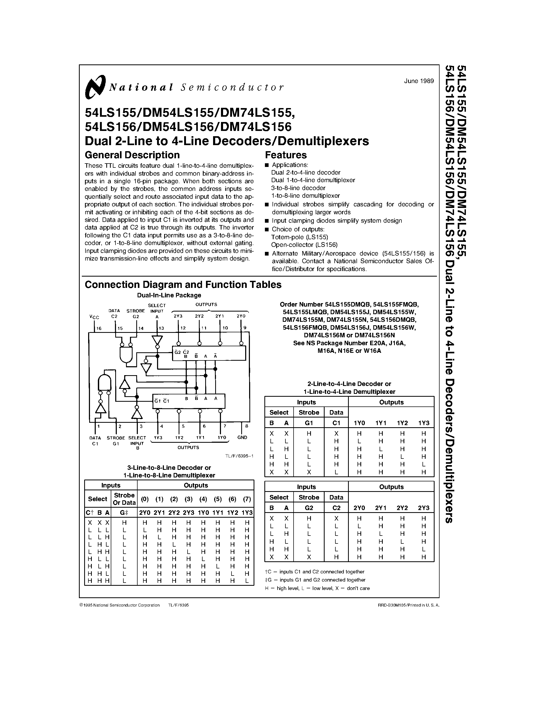 Даташит DM74LS155M - Dual 2-Line to 4-Line Decoders/Demultiplexers страница 1