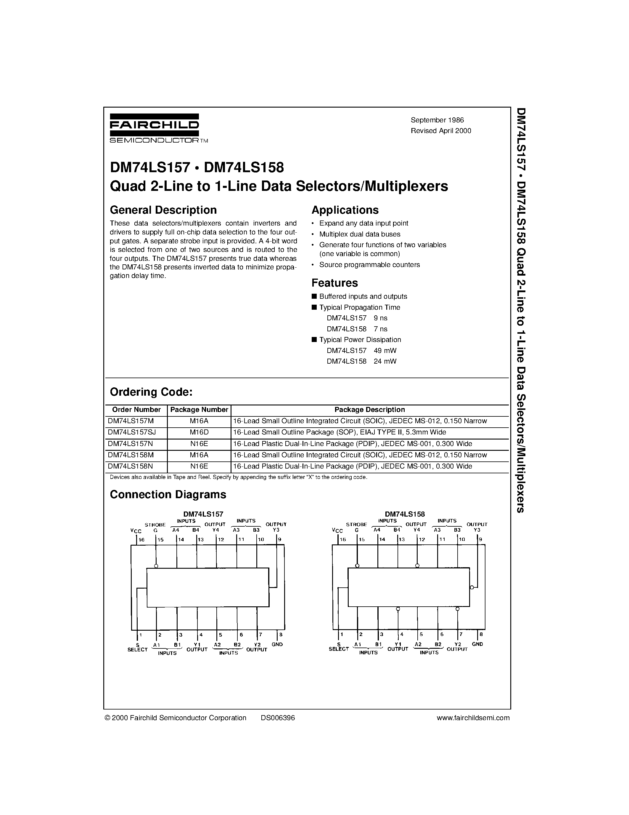 Даташит DM74LS157 - Quad 2-Line to 1-Line Data Selectors/Multiplexers страница 1