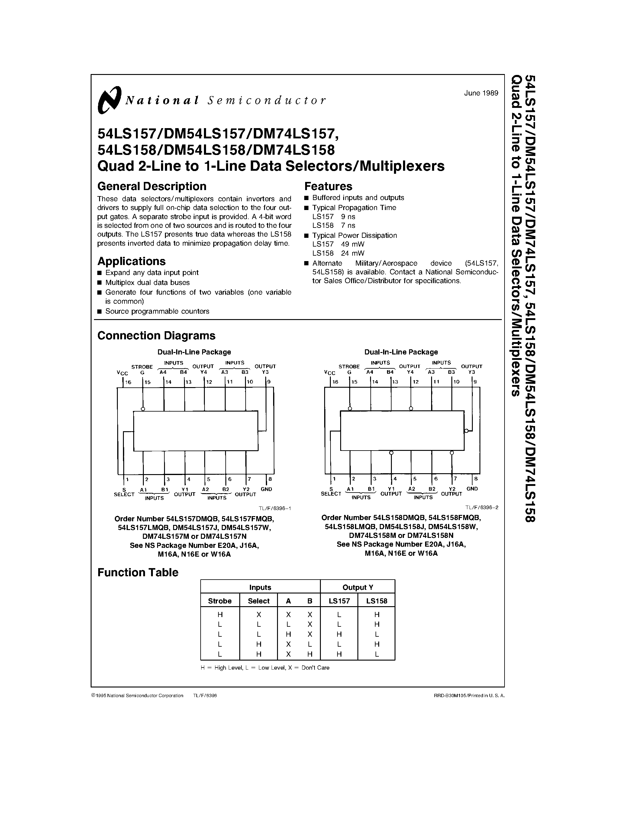 Даташит DM74LS157 - Quad 2-Line to 1-Line Data Selectors/Multiplexers страница 1