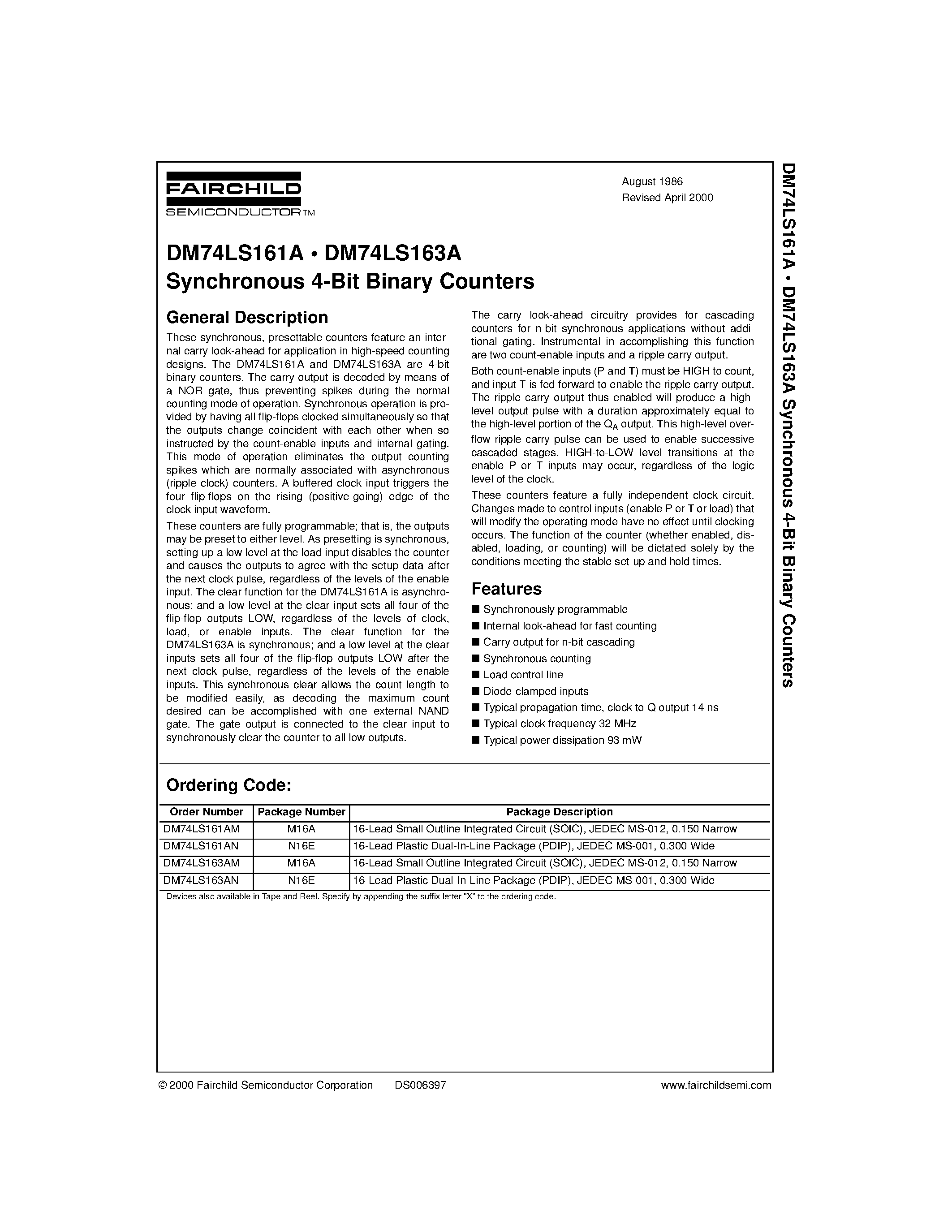 Даташит DM74LS161A - Synchronous 4-Bit Binary Counters страница 1