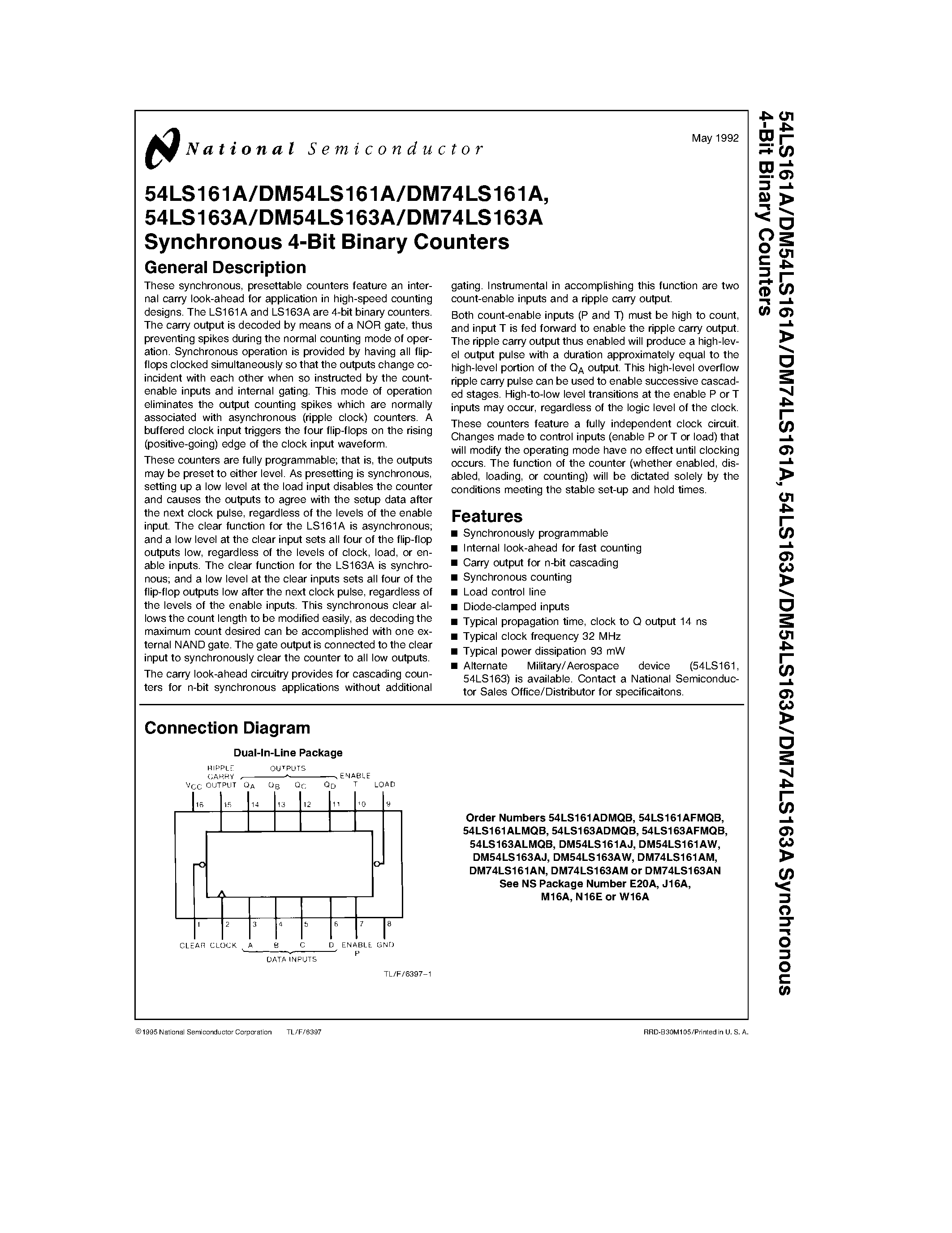 Datasheet DM74LS161AM - Synchronous 4-Bit Binary Counters page 1