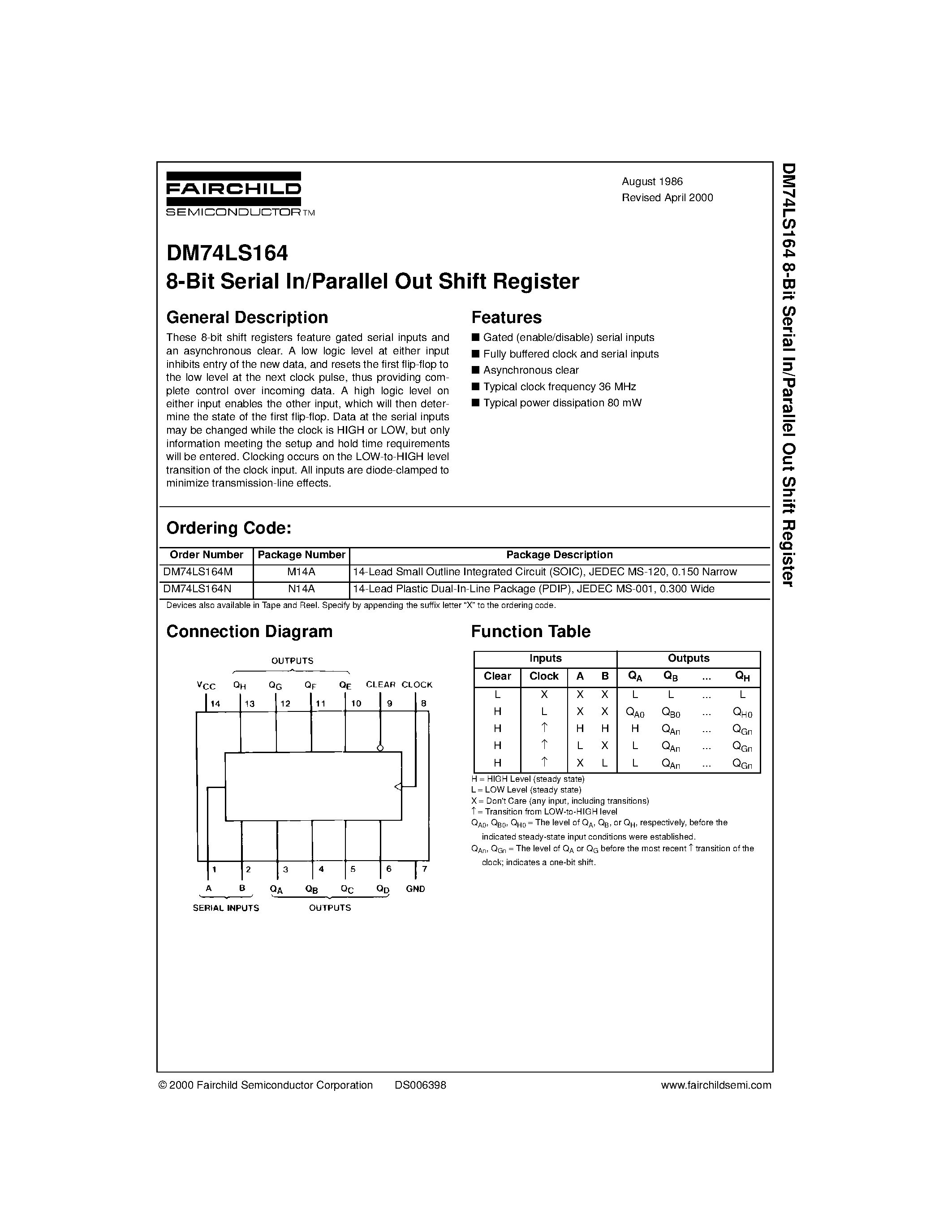 Даташит DM74LS164 - 8-Bit Serial In/Parallel Out Shift Register страница 1