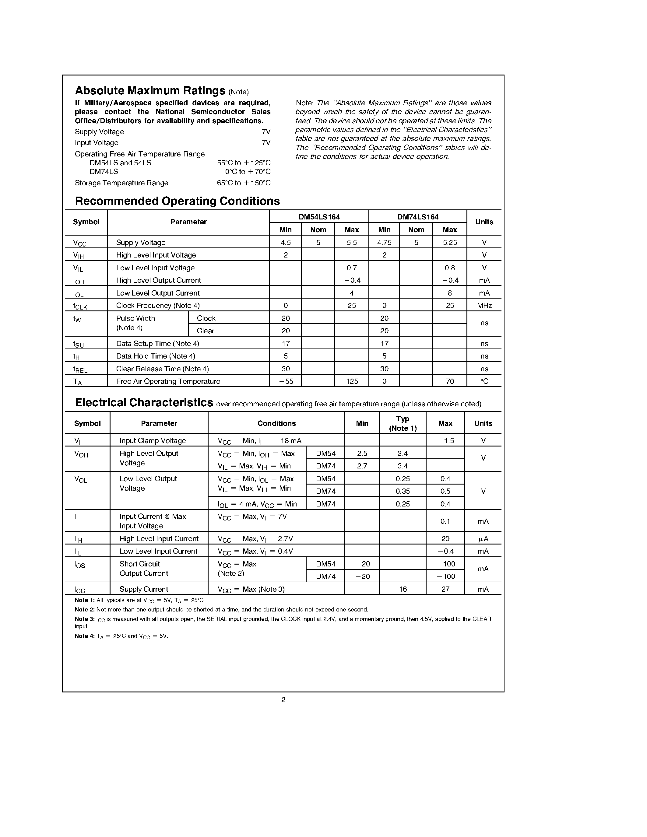 Datasheet DM74LS164M - 8-Bit Serial In/Parallel Out Shift Registers page 2