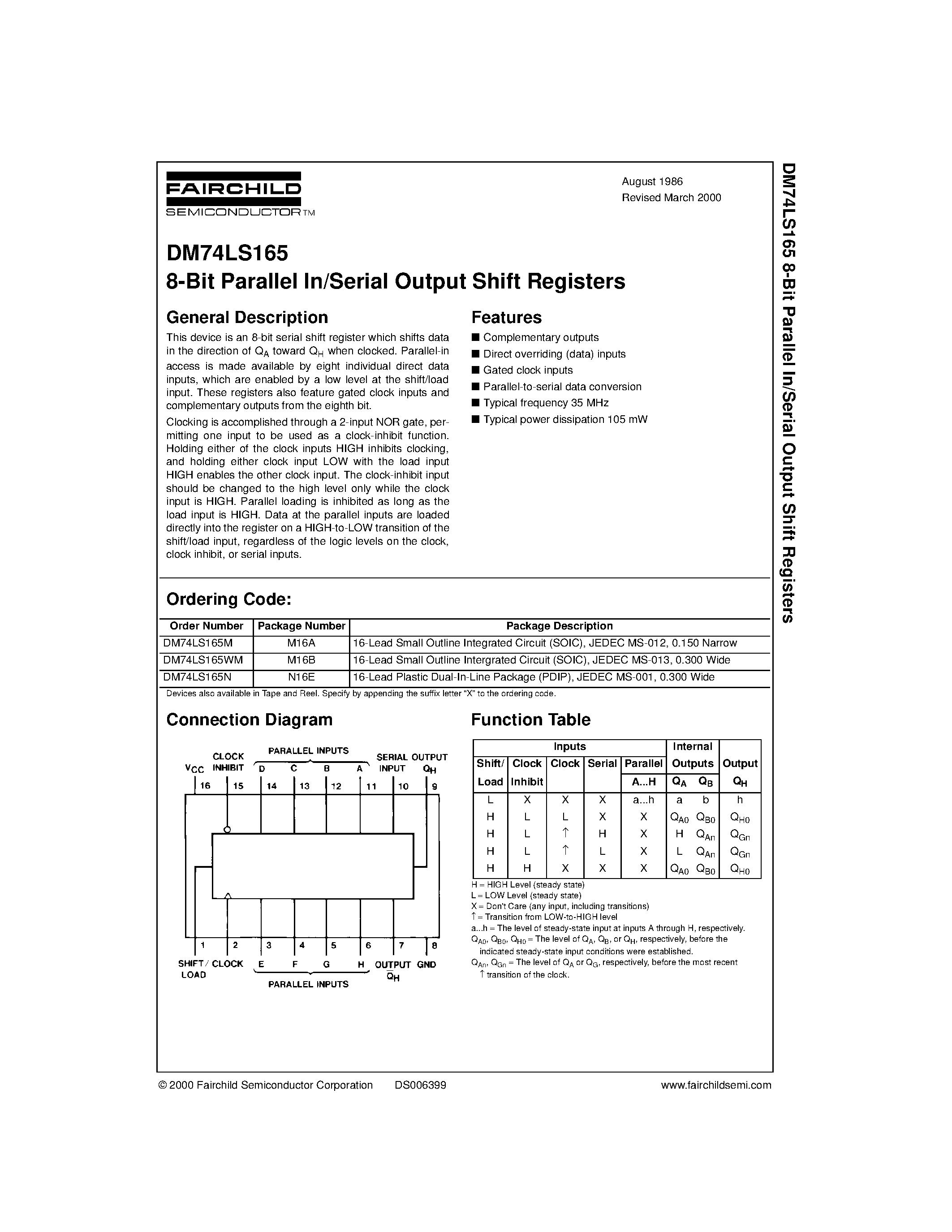 Datasheet DM74LS165 - 8-Bit Parallel In/Serial Output Shift Registers page 1