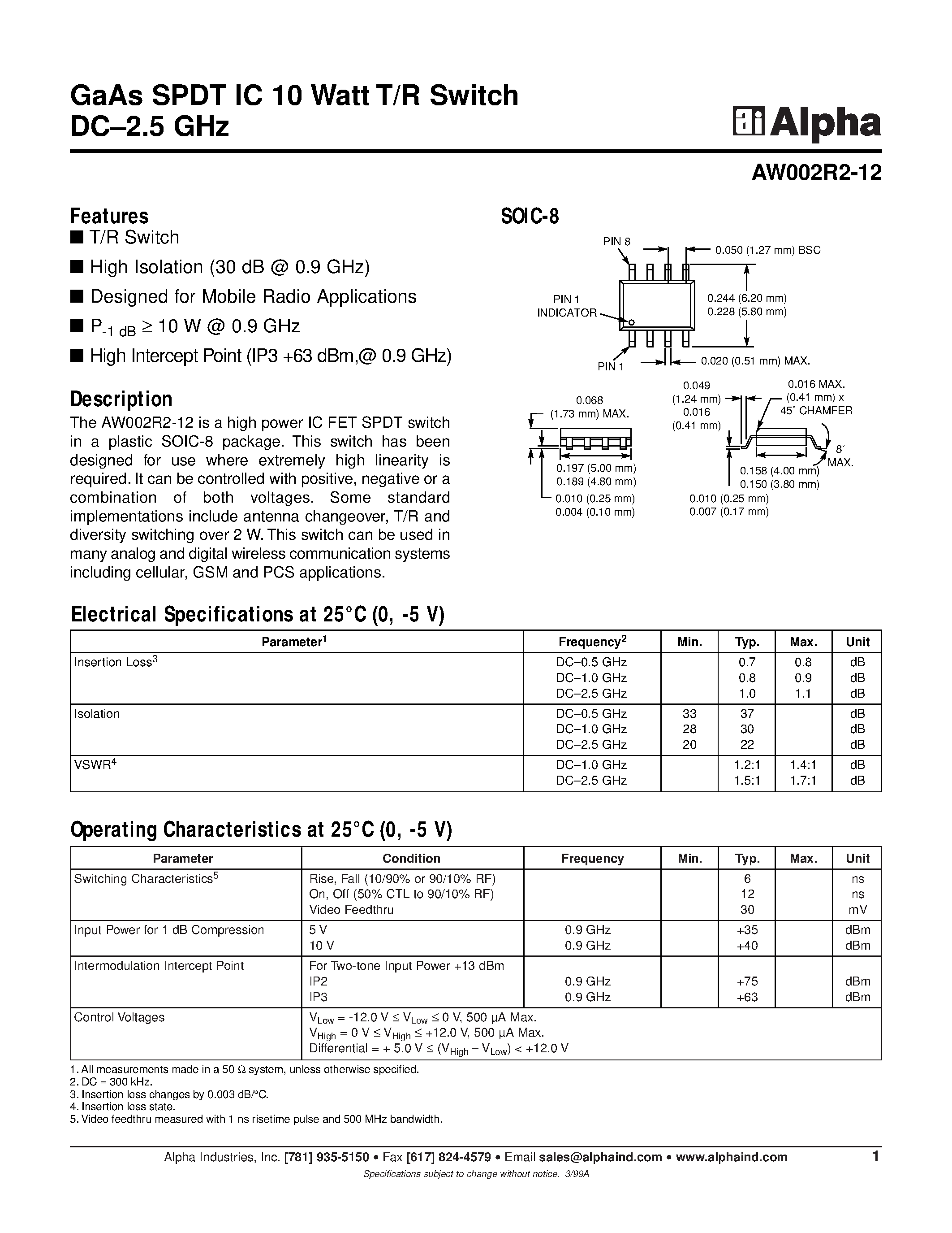 Datasheet AW002R2-12 - GaAs SPDT IC 10 Watt T/R Switch DC-2.5 GHz page 1