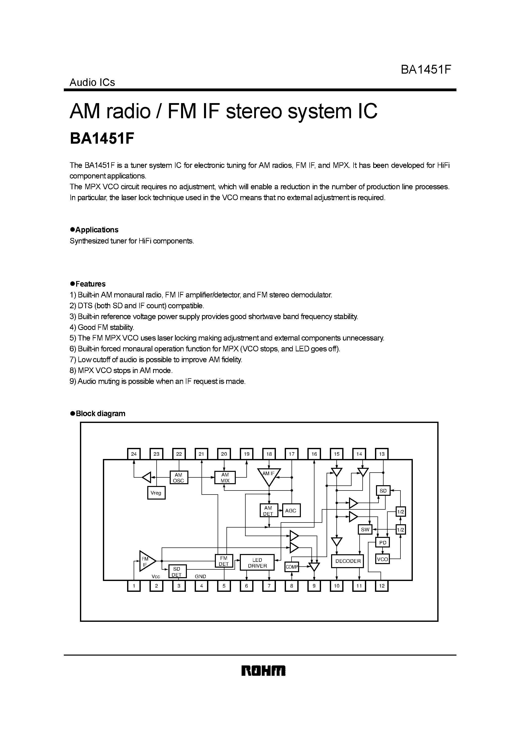 Datasheet BA1451 - AM radio / FM IF stereo system IC page 1