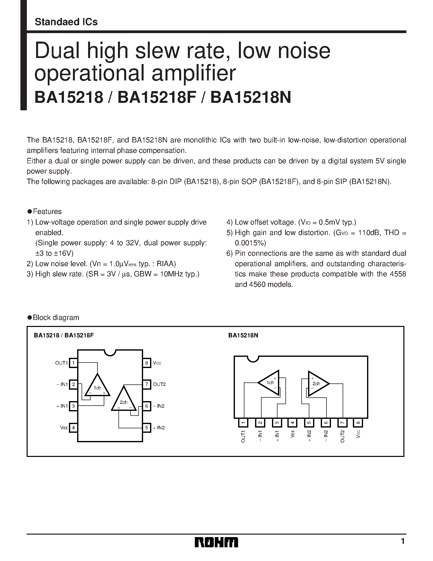 Datasheet BA15218 - Dual high slew rate/ low noise operational amplifier page 1