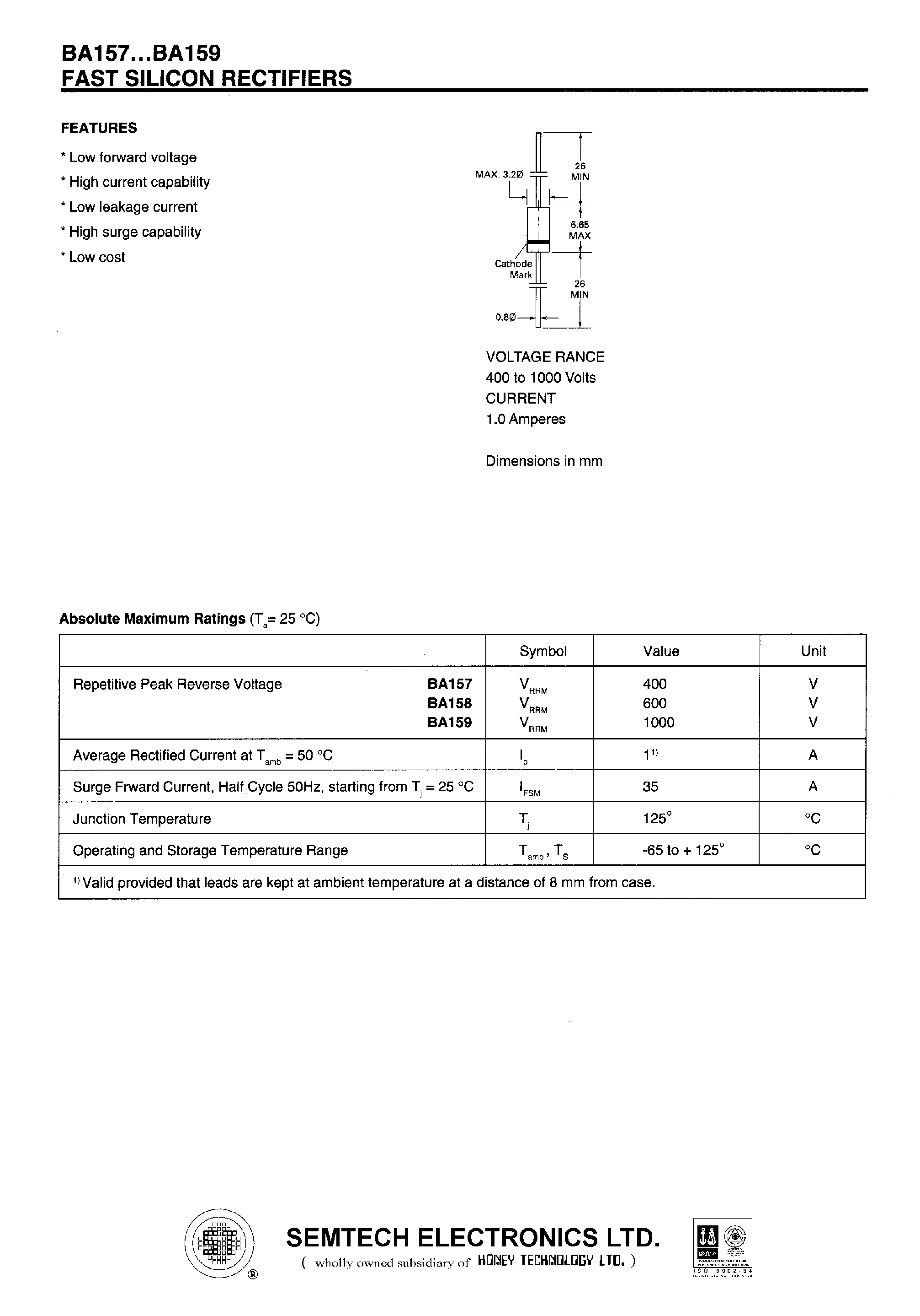 Datasheet BA157 - FAST SIKICON RECTIFIERS page 1