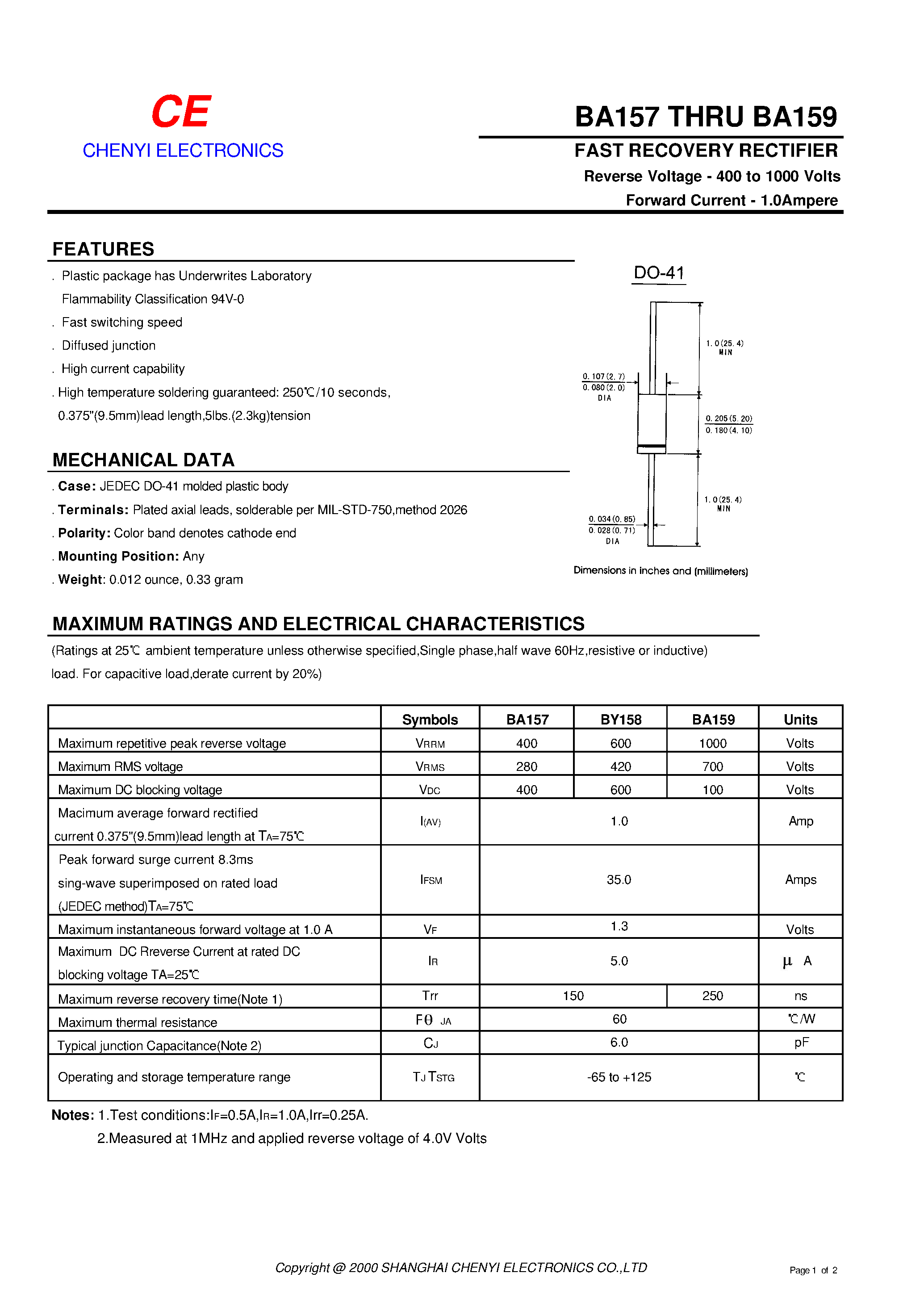 Datasheet BA157 - FAST RECOVERY RECTIFIER page 1