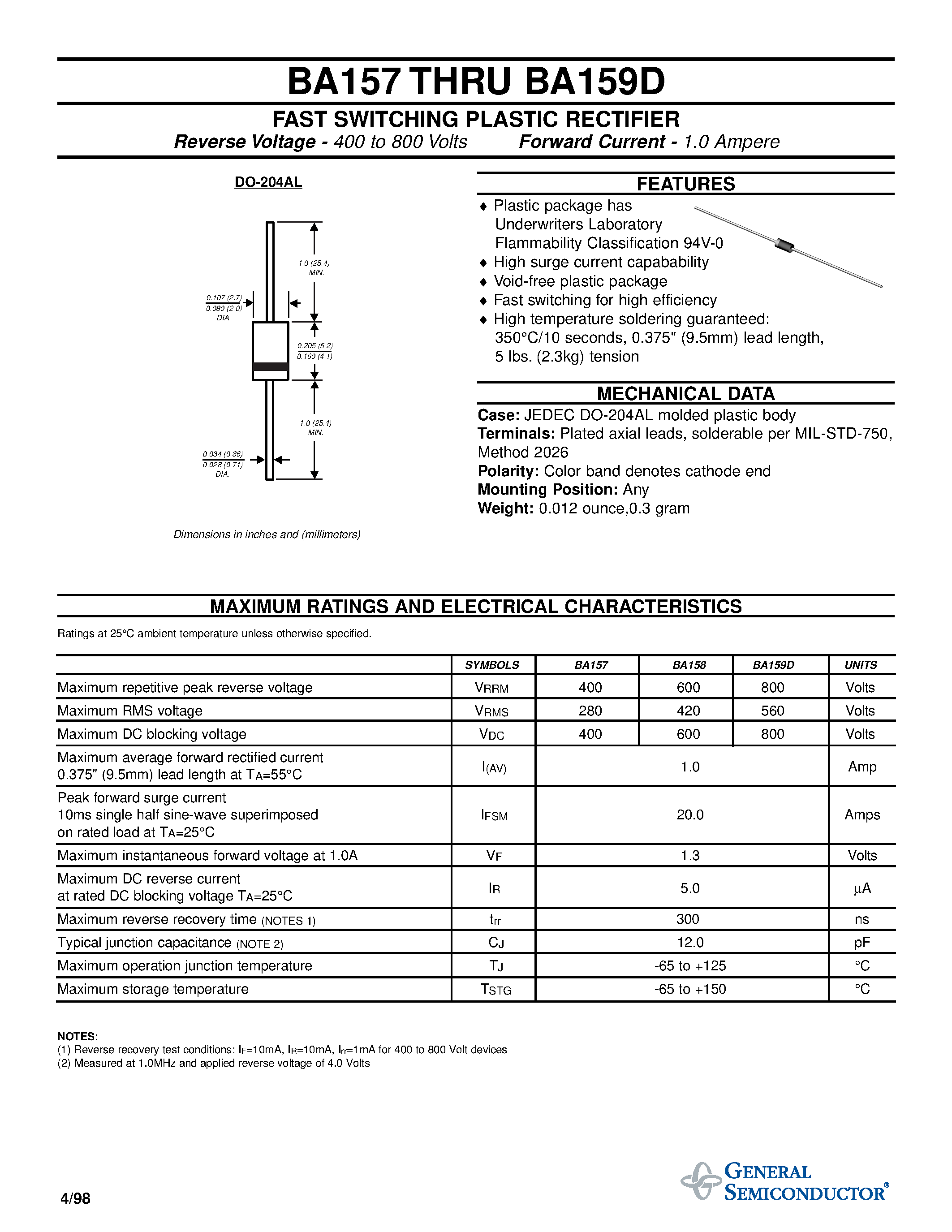 Datasheet BA157 - FAST SWITCHING PLASTIC RECTIFIER page 1