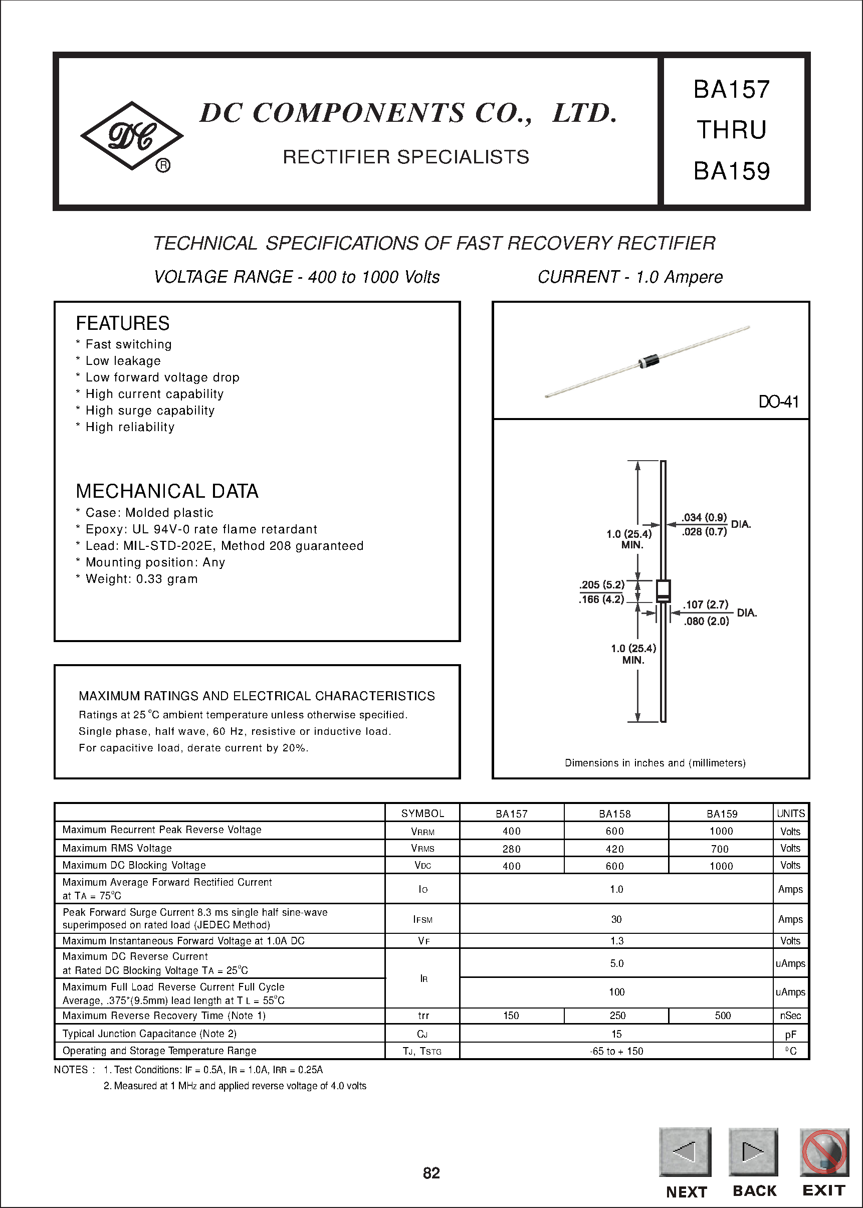 Даташит BA158 - TECHNICAL SPECIFICATIONS OF FAST RECOVERY RECTIFIER страница 1