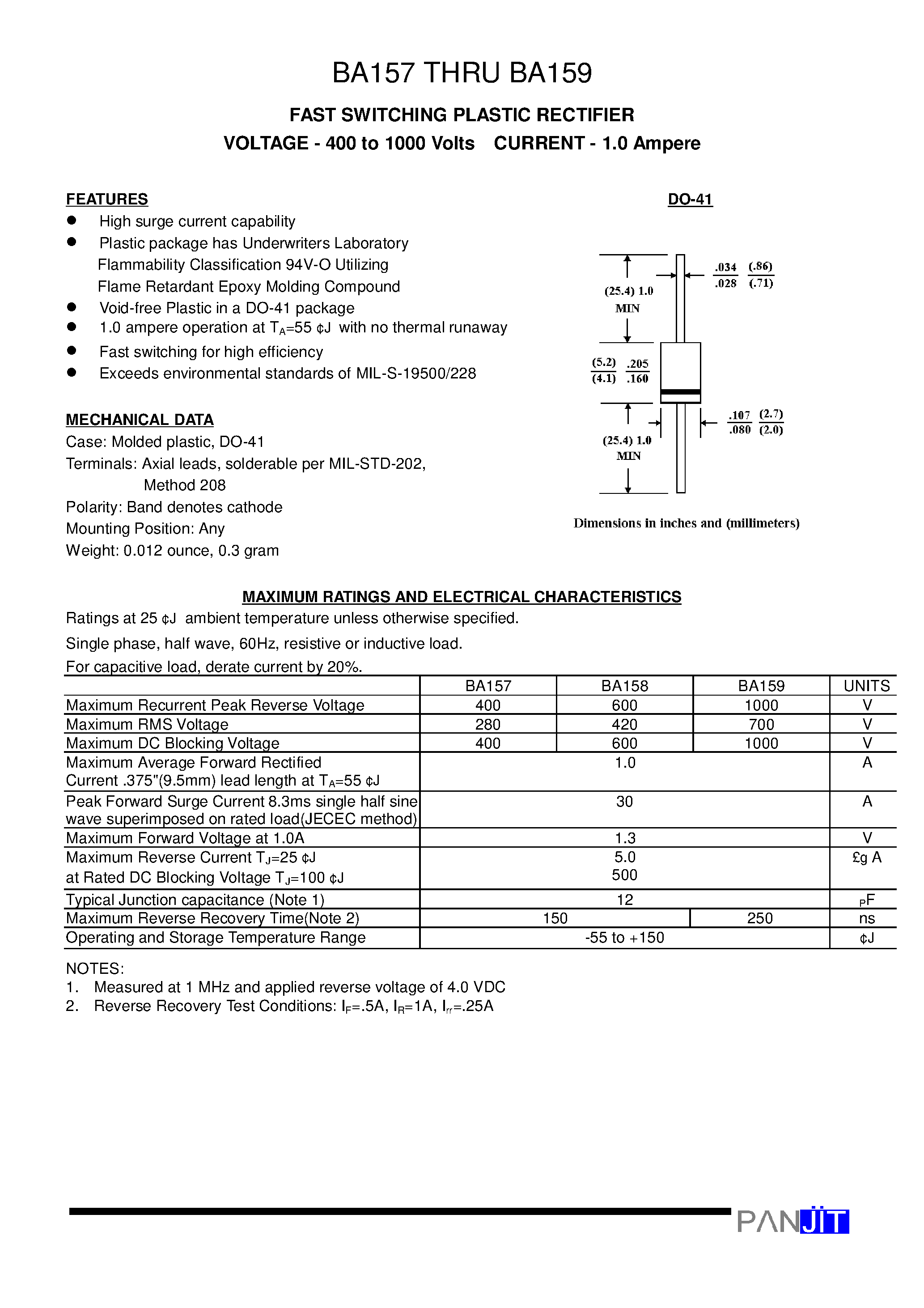 Даташит BA159 - FAST SWITCHING PLASTIC RECTIFIER(VOLTAGE - 400 to 1000 Volts CURRENT - 1.0 Ampere) страница 1