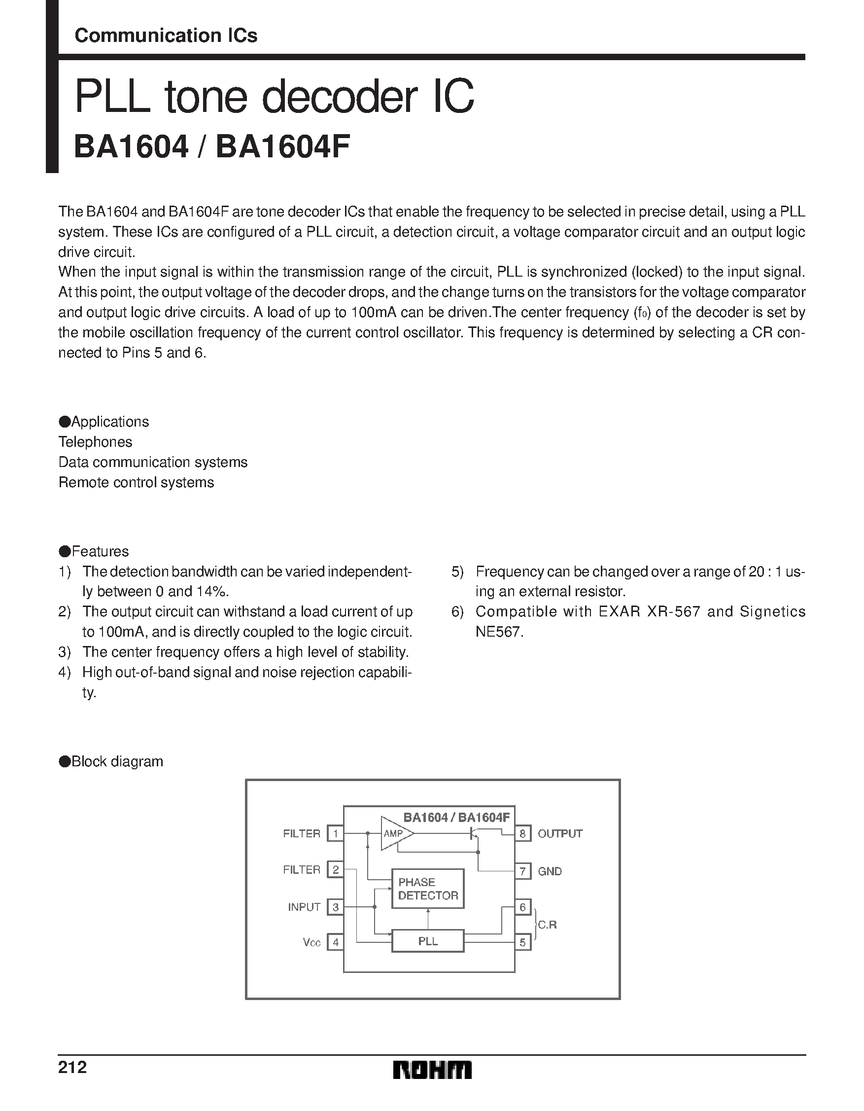 Datasheet BA1604F - PLL tone decoder IC page 1