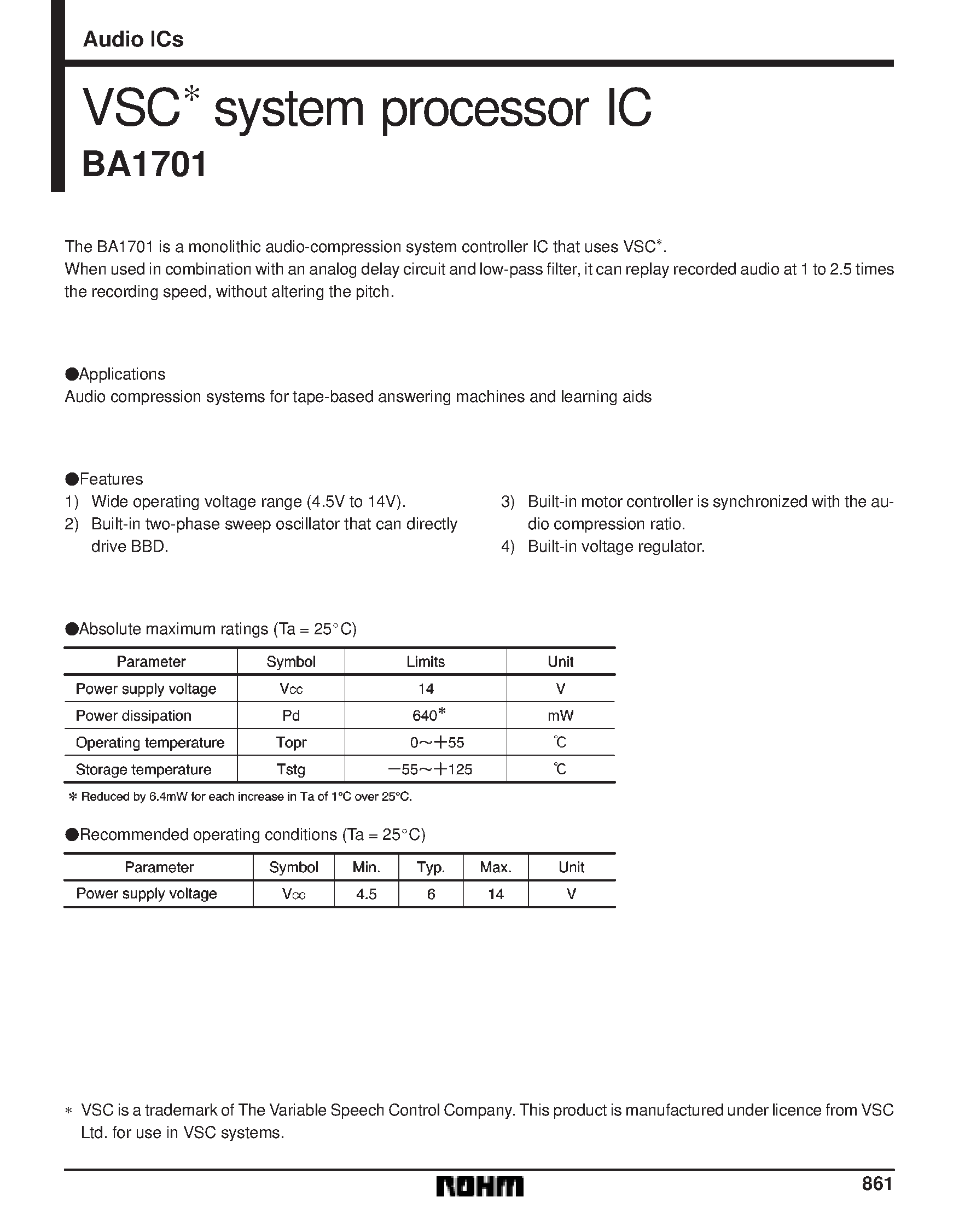 Datasheet BA1701 - VSC system processor IC page 1