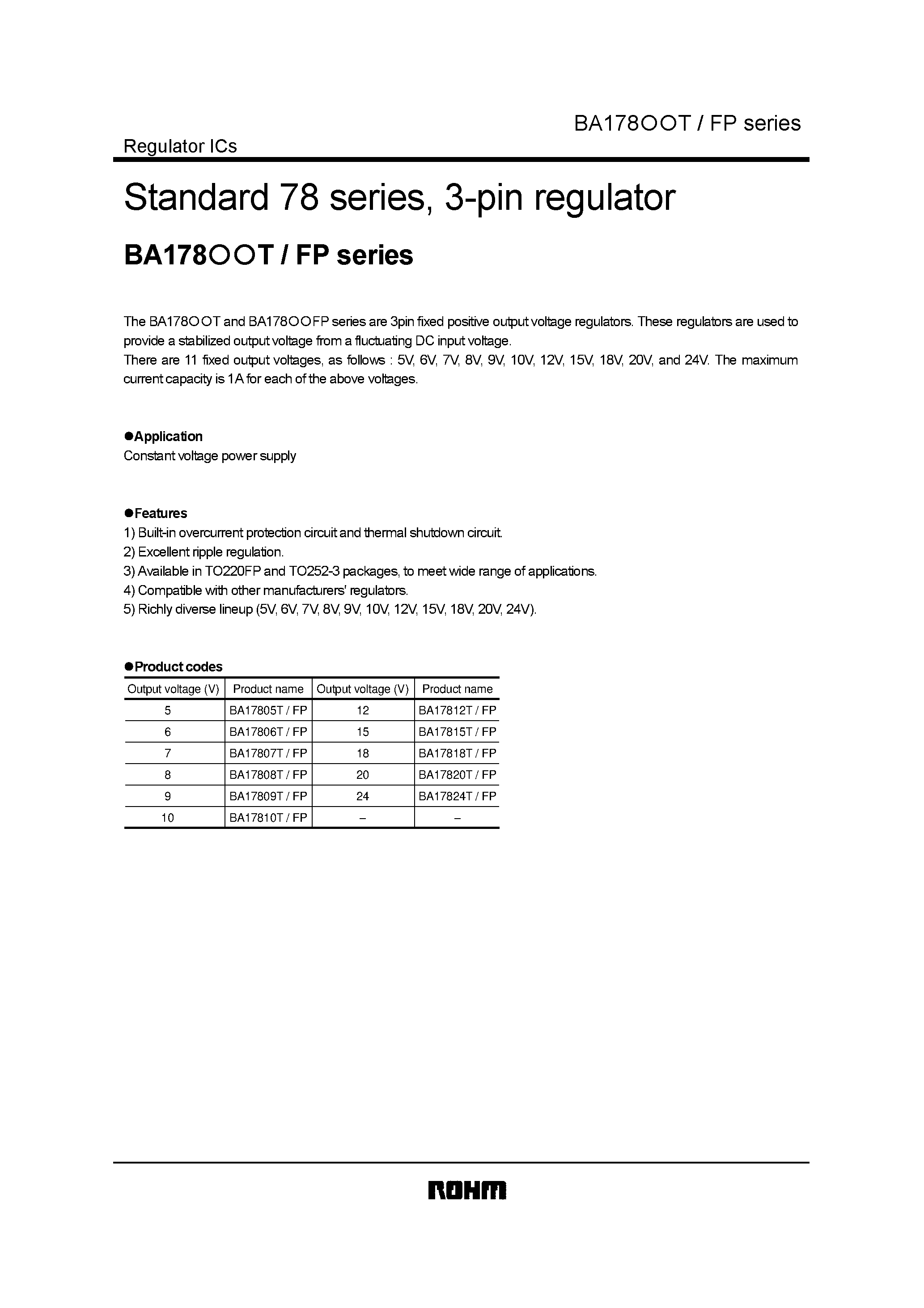 Datasheet BA17800T - Standard 78 series/ 3-pin regulator page 1