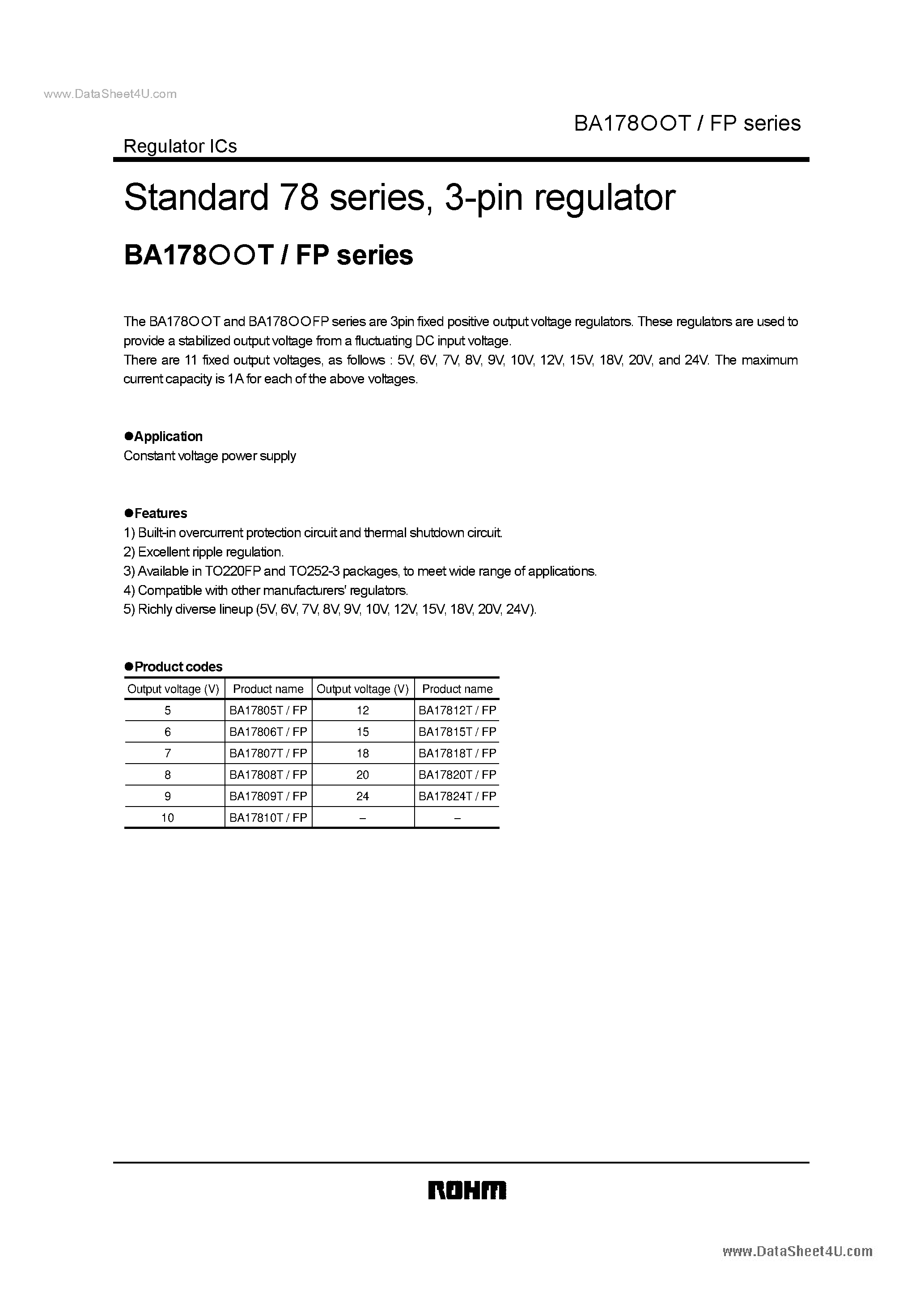 Datasheet BA17809T/FP - Standard 78 series/ 3-pin regulator page 1