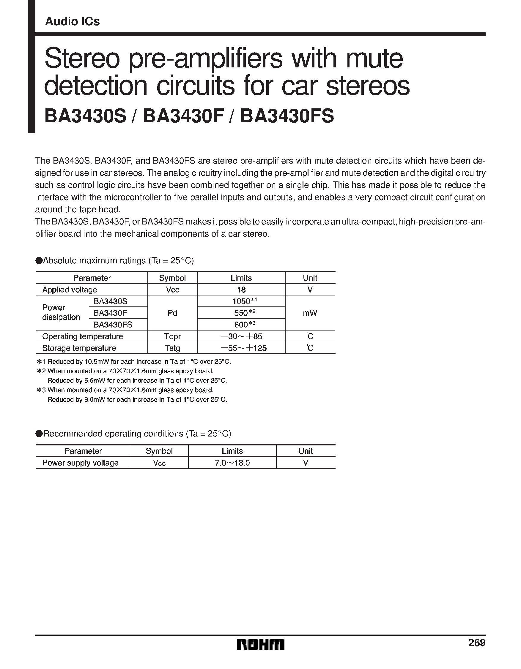 Даташит BA3430F - Stereo pre-amplifiers with mute detection circuits for car stereos страница 1