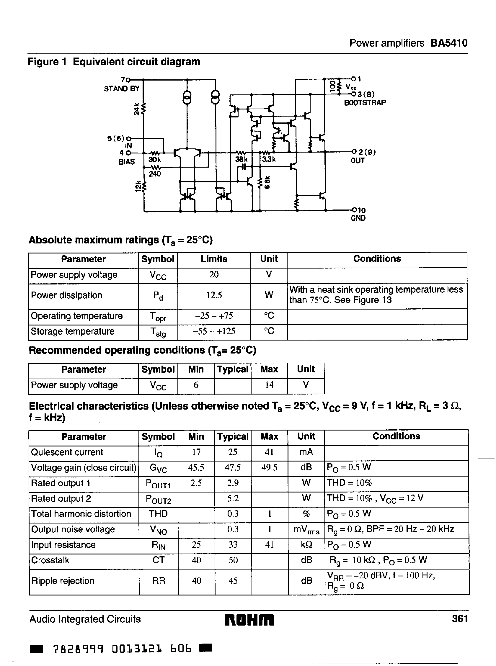 Даташит BA5410 - 12 V-5.2 W dual channel power amplifier страница 2