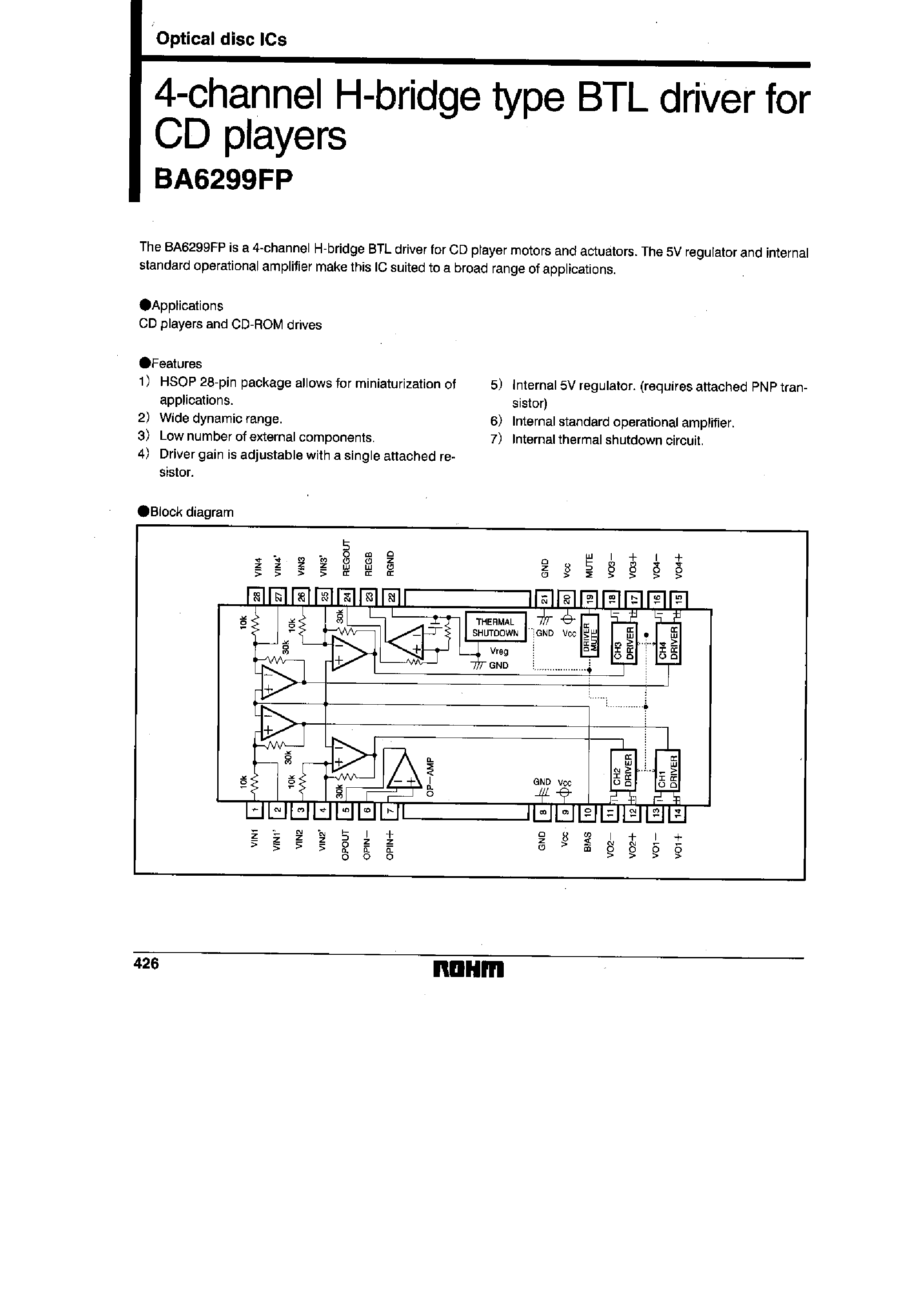 Даташит BA6299 - 4-Channel H-bridge type BTL driver for CD players страница 1