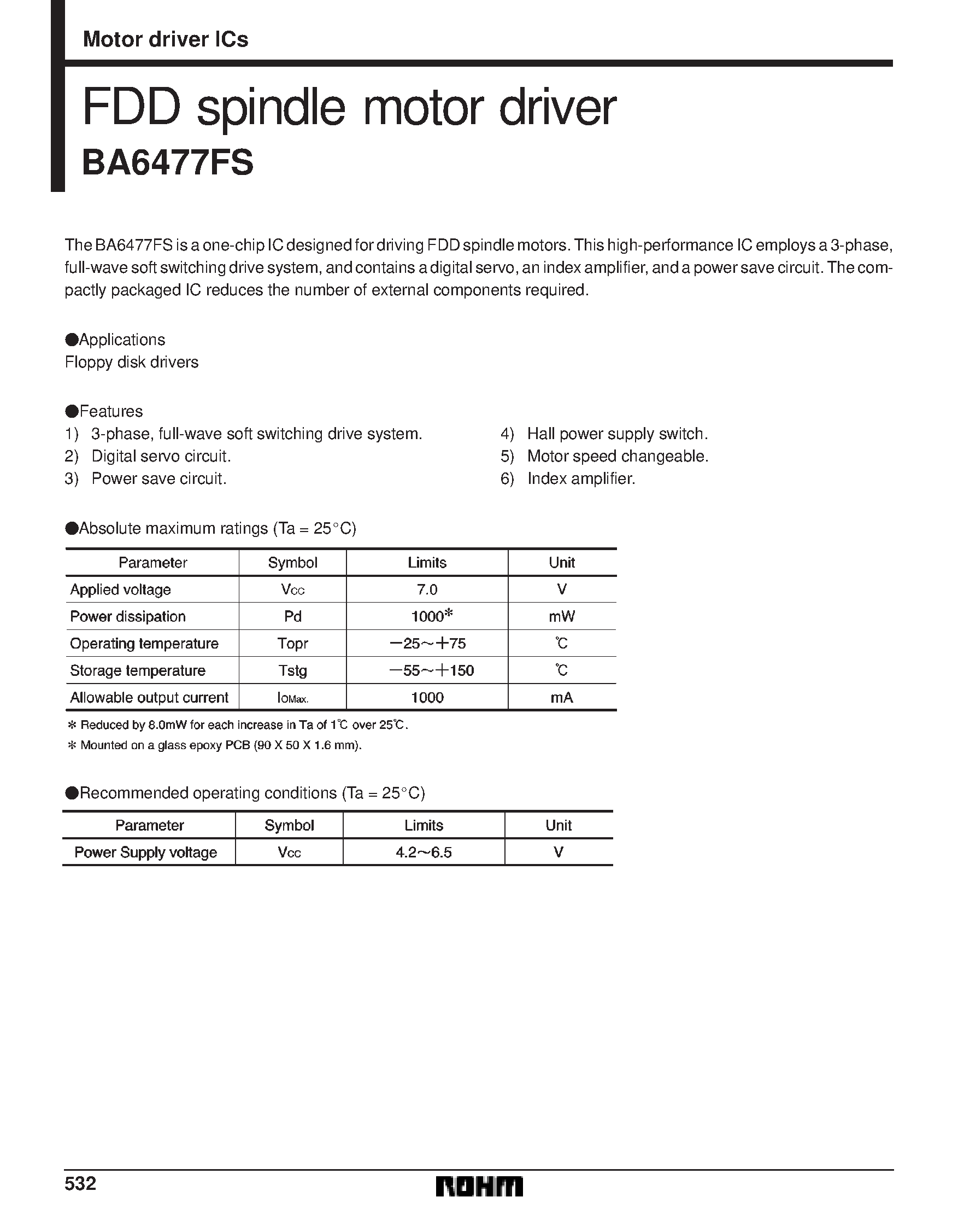 Datasheet BA6477FS - FDD spindle motor driver page 1