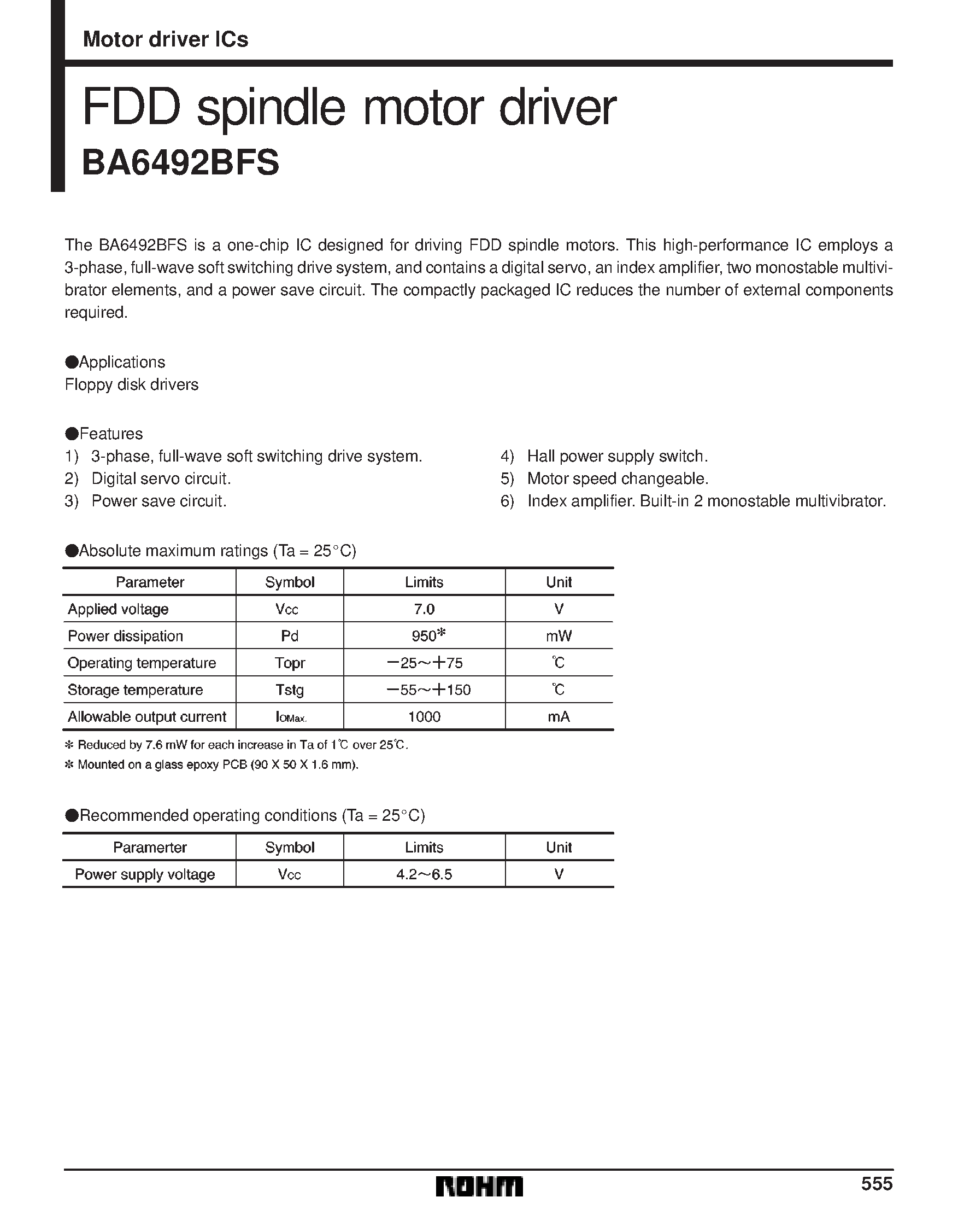 Datasheet BA6492 - FDD spindle motor driver page 1