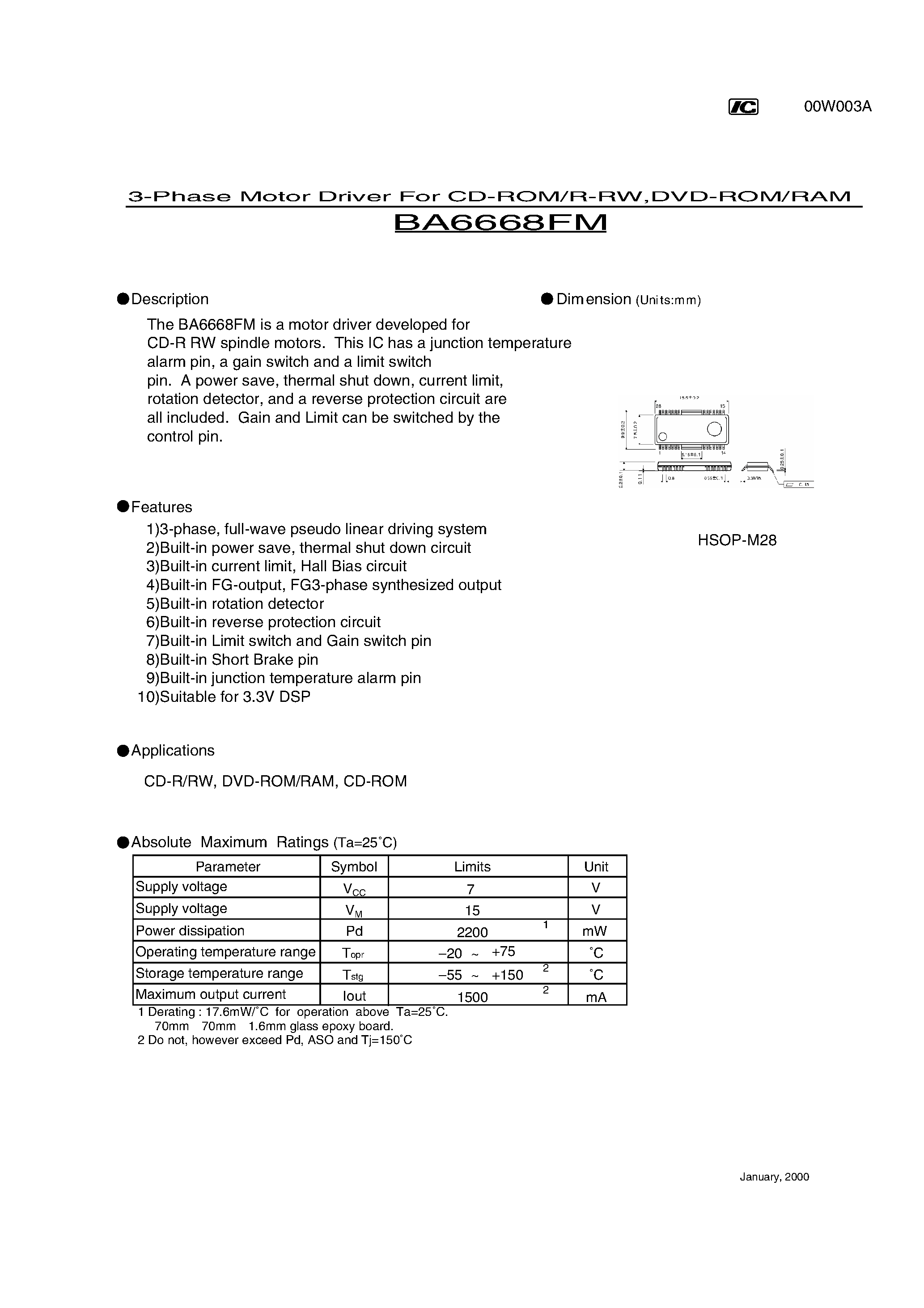 Datasheet BA6668FM - 3-Phase Motor Driver For CD-ROM/R-RW/DVD-ROM/RAM page 1