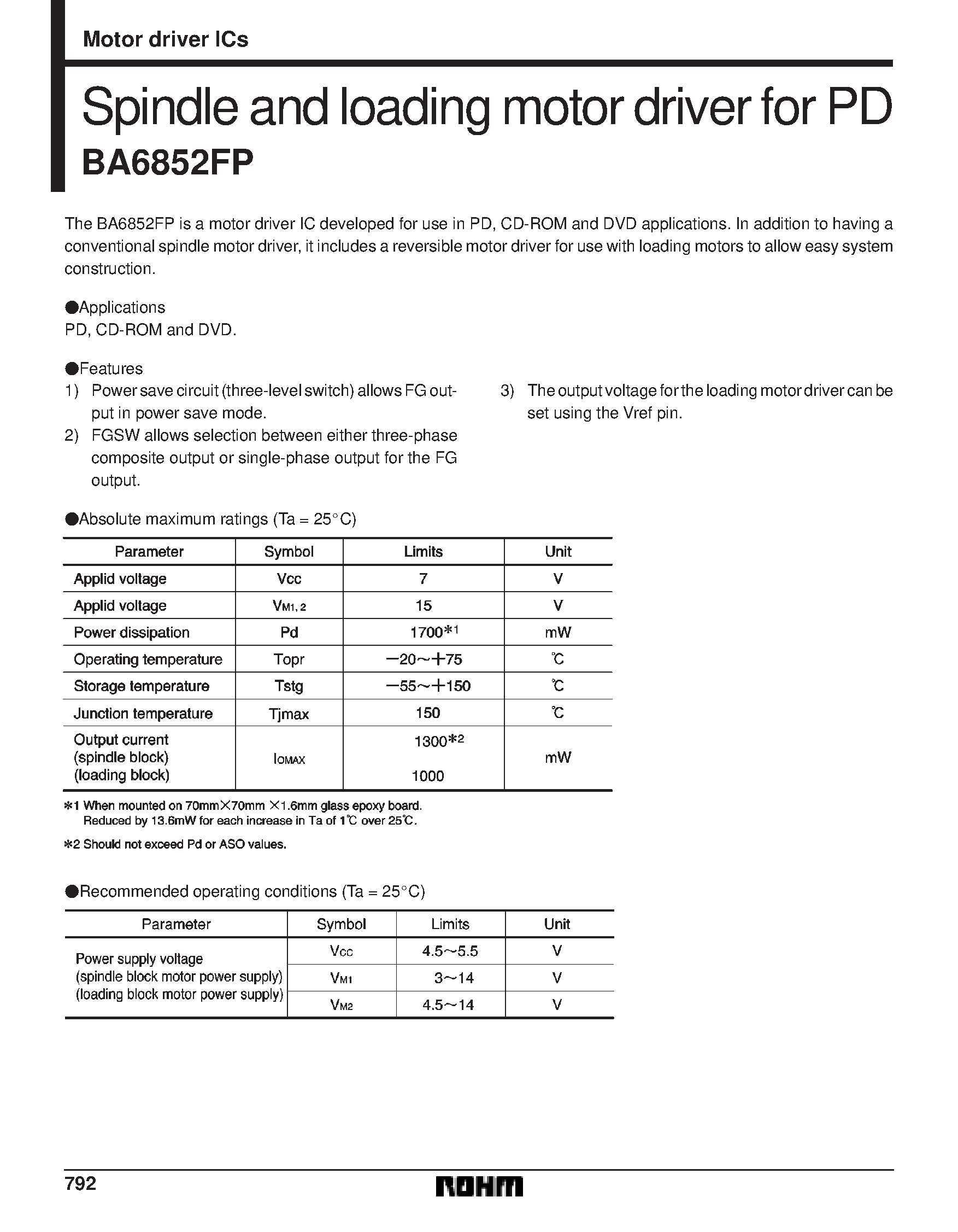 Даташит BA6852 - Spindle and loading motor driver for PD страница 1