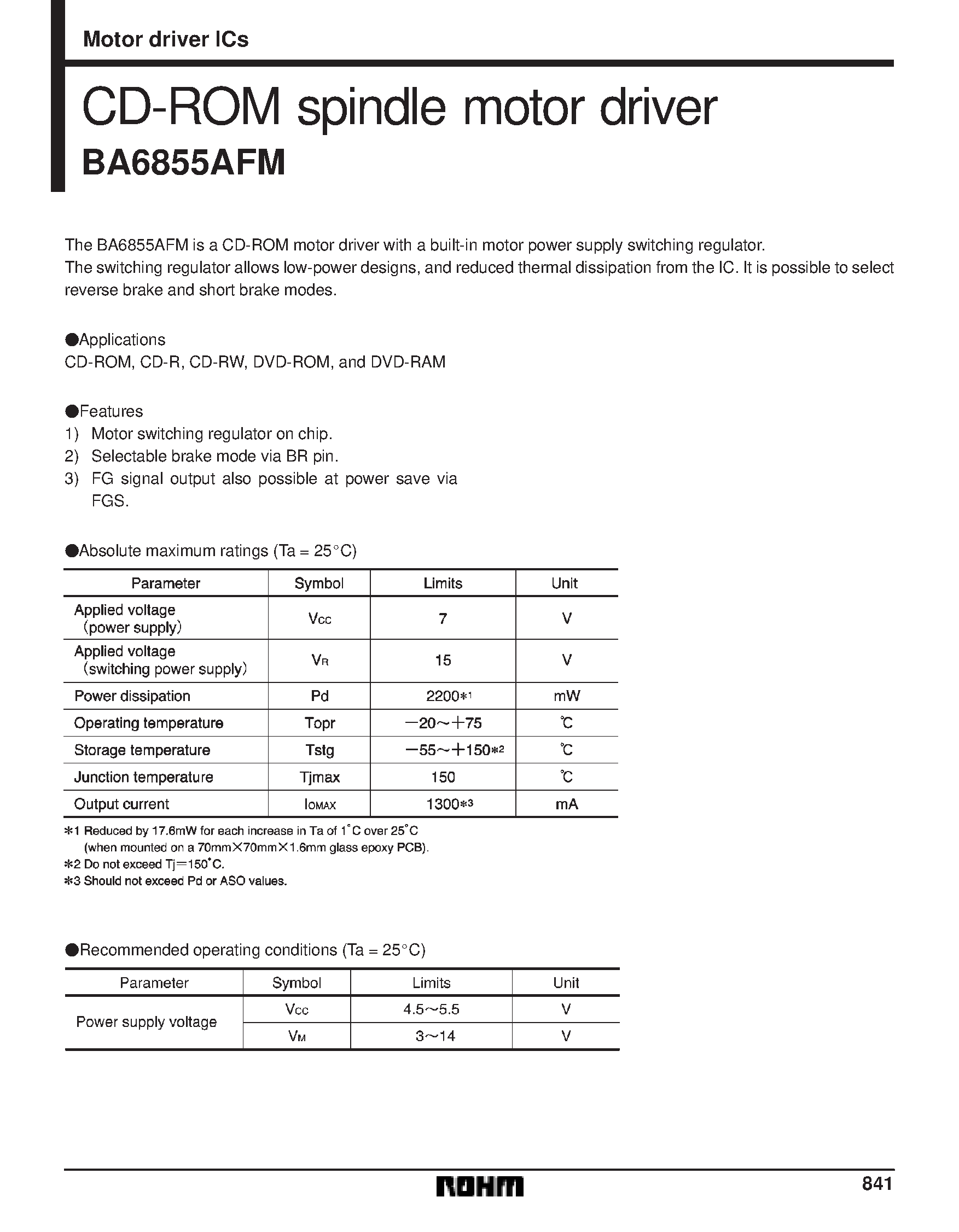 Даташит BA6855AFM - CD-ROM spindle motor driver страница 1