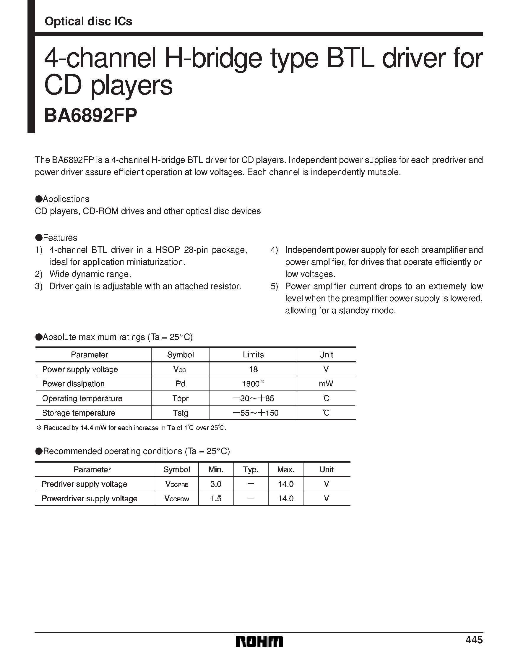 Даташит BA6892 - 4-channel H-bridge type BTL driver for CD players страница 1