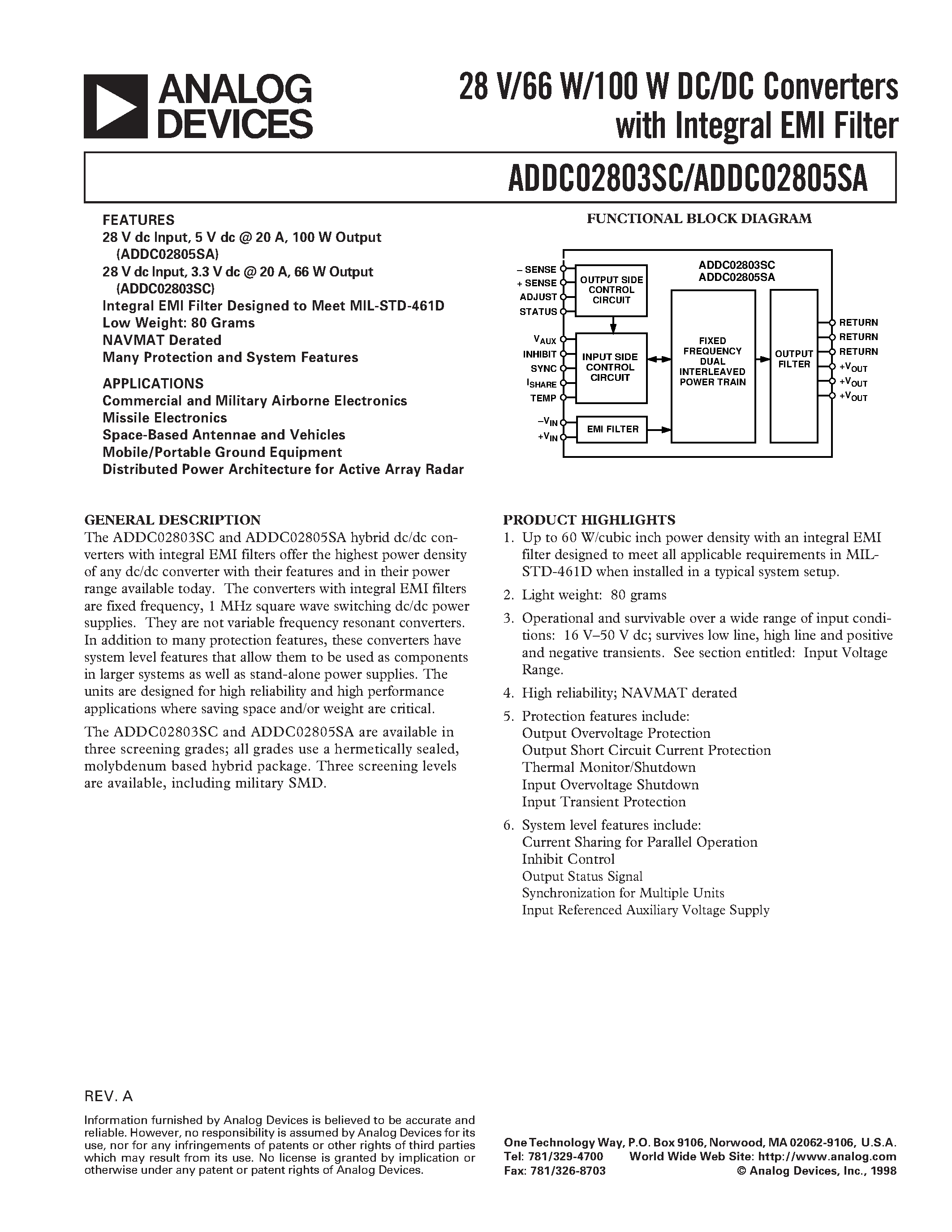 Даташит 5962-9570701HXC - 28 V/66 W/100 W DC/DC Converters with Integral EMI Filter страница 1