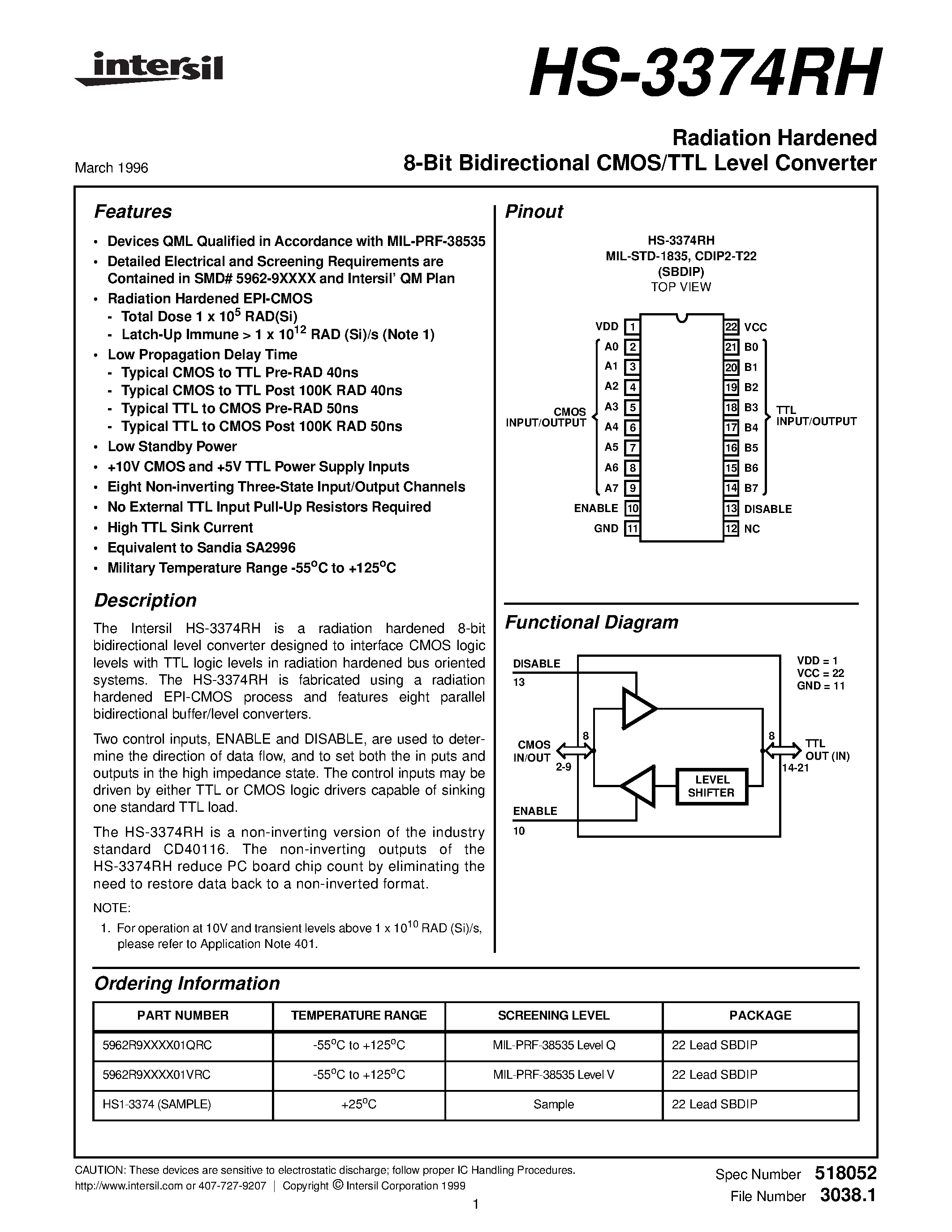 Даташит 5962R9573201VXC - Radiation Hardened 8-Bit Bidirectional CMOS/TTL Level Converter страница 1