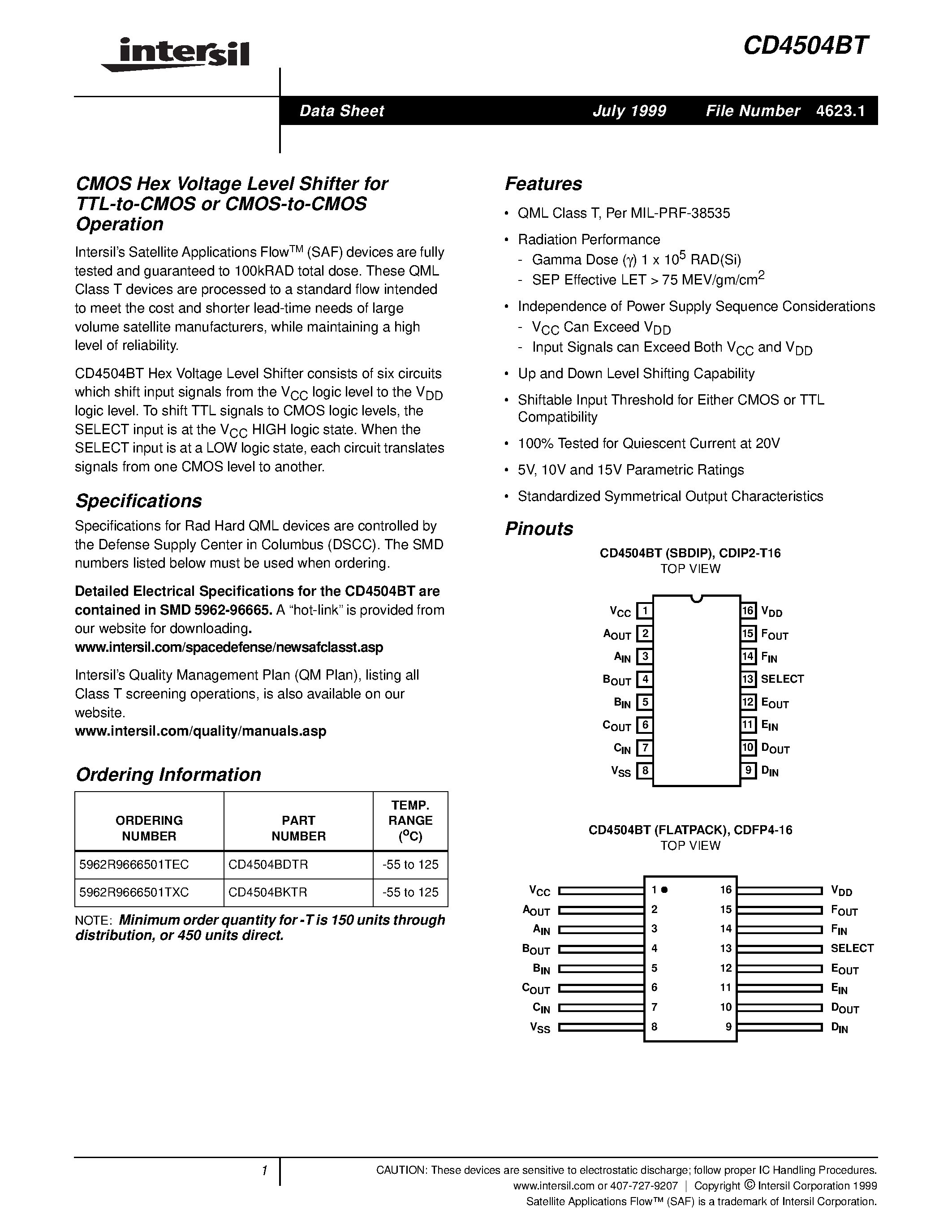 Даташит 5962R9666501TEC - CMOS Hex Voltage Level Shifter for TTL-to-CMOS or CMOS-to-CMOS Operation страница 1