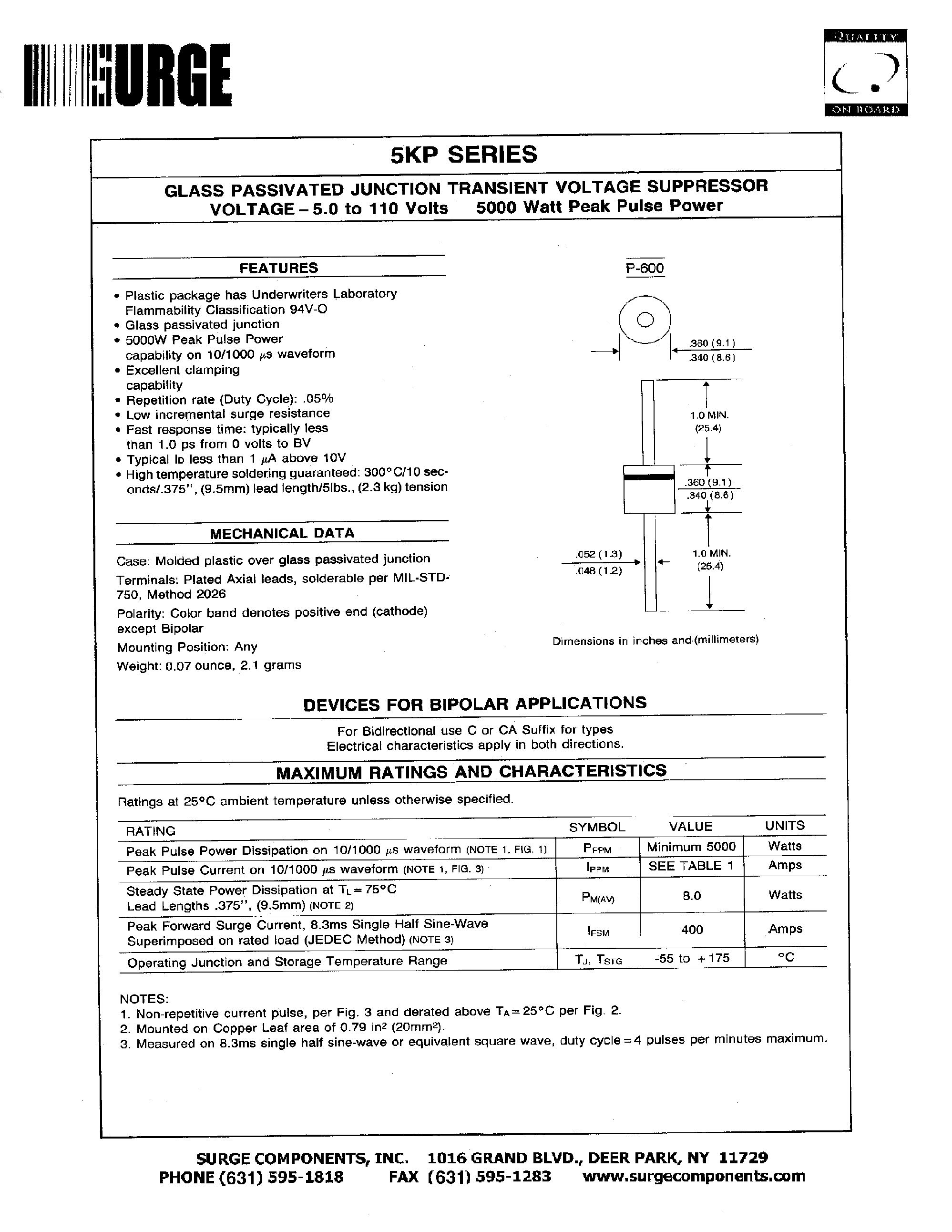 Даташит 5KP6.0 - GLASS PASSIVATED JUNCTION TRANSIENT VOLTAGE SUPPRESSOR VOLTAGE-5.0 to 110 Volts страница 1