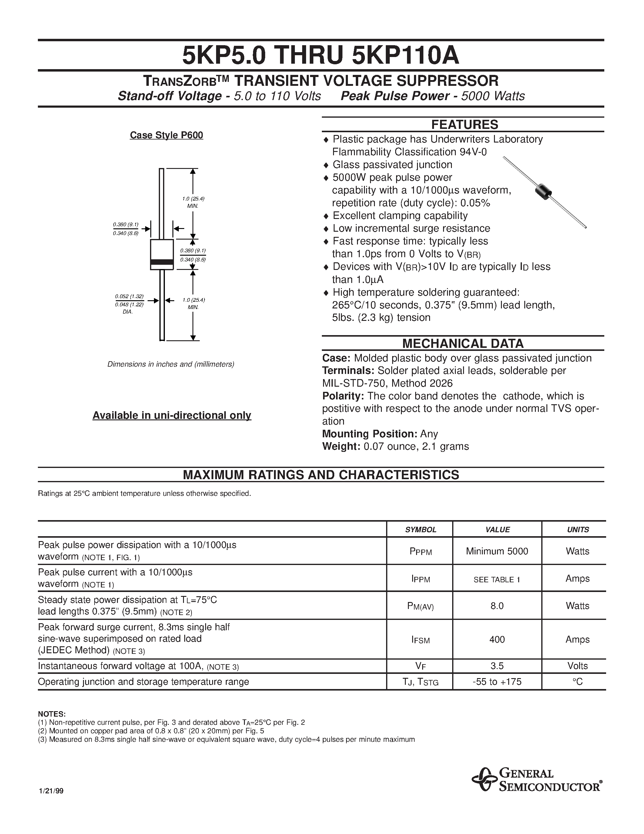 Datasheet 5KP6.5 - TRANSZORB TRANSIENT VOLTAGE SUPPRESSOR page 1