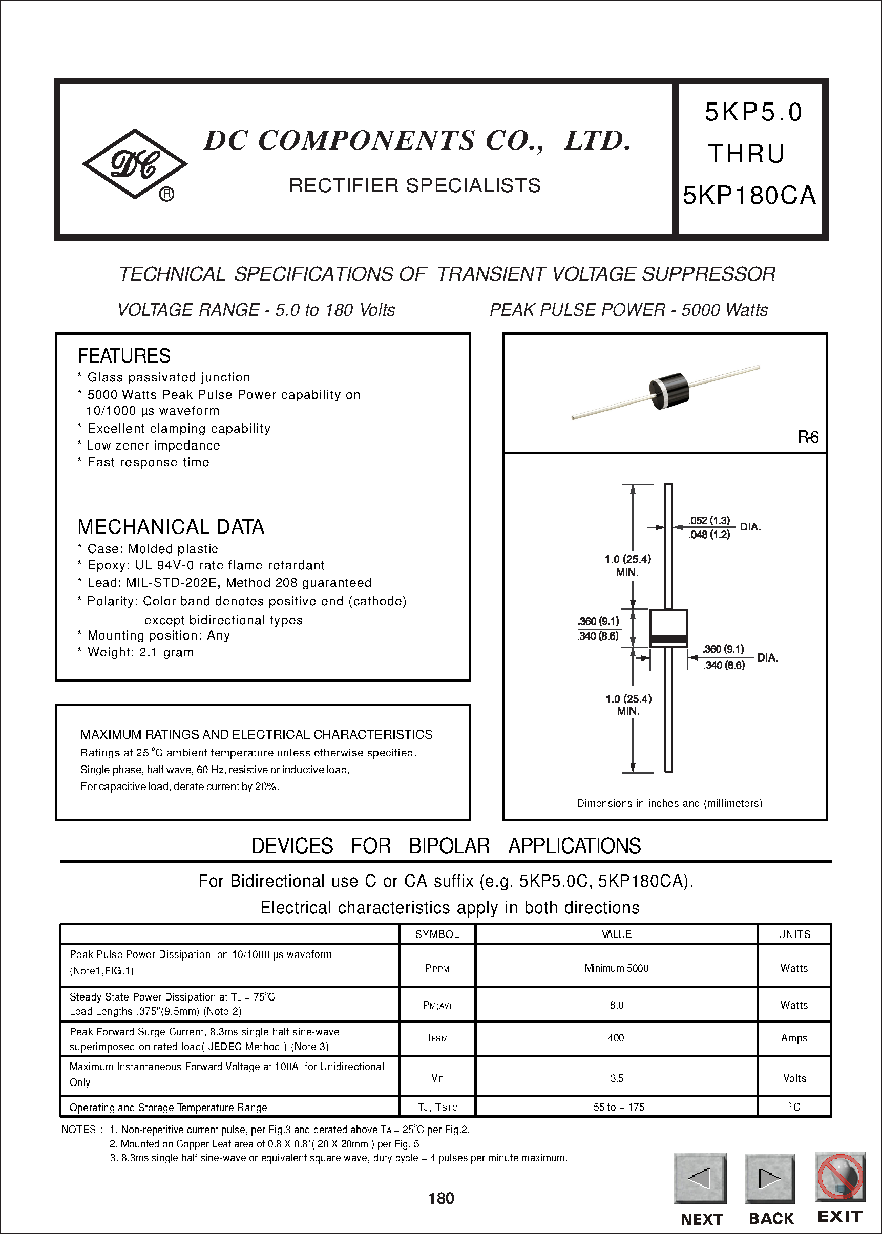 Datasheet 5KP6.5 - TECHNICAL SPECIFICATIONS OF TRANSIENT VOLTAGE SUPPRESSOR page 1