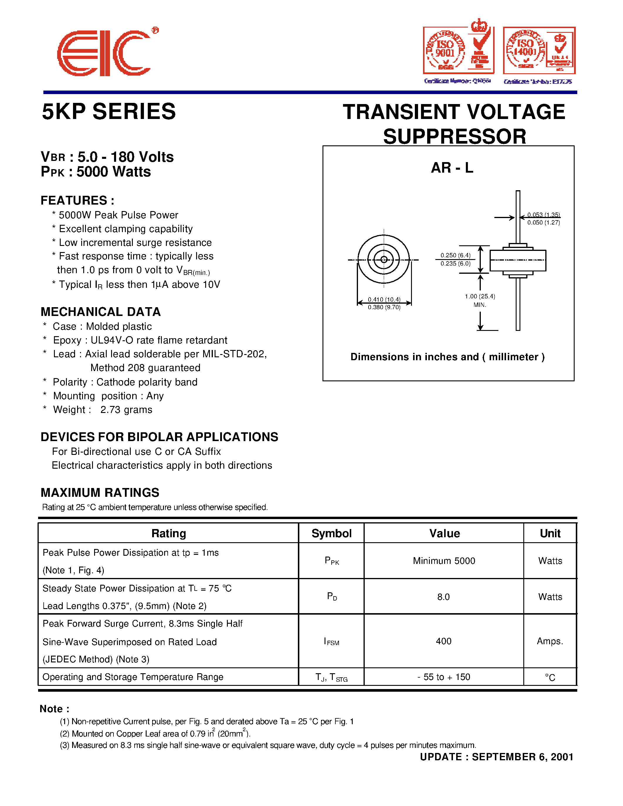 Datasheet 5KP6.5 - TRANSIENT VOLTAGE SUPPRESSOR page 1