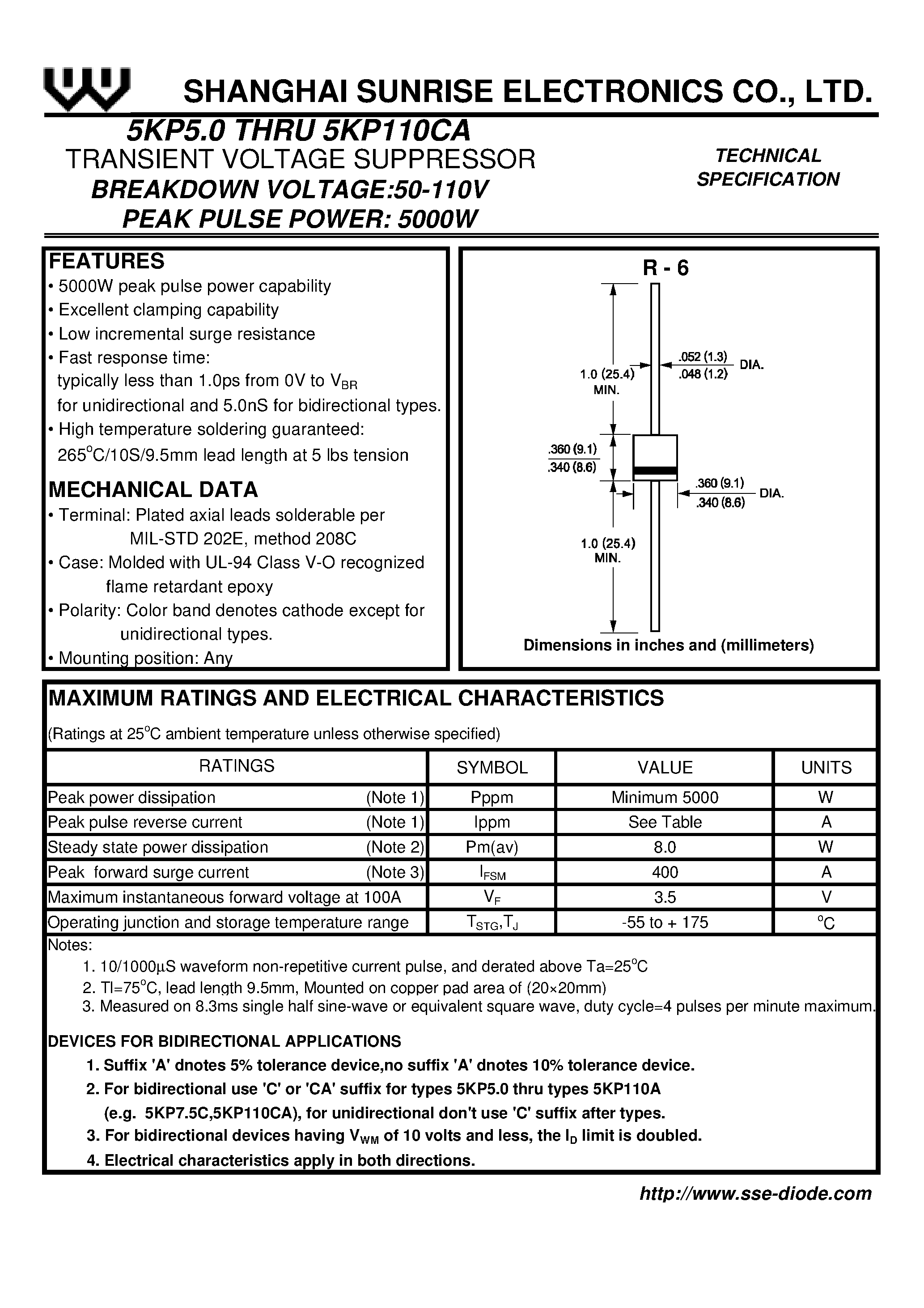 Datasheet 5KP6.5 - TRANSIENT VOLTAGE SUPPRESSOR page 1