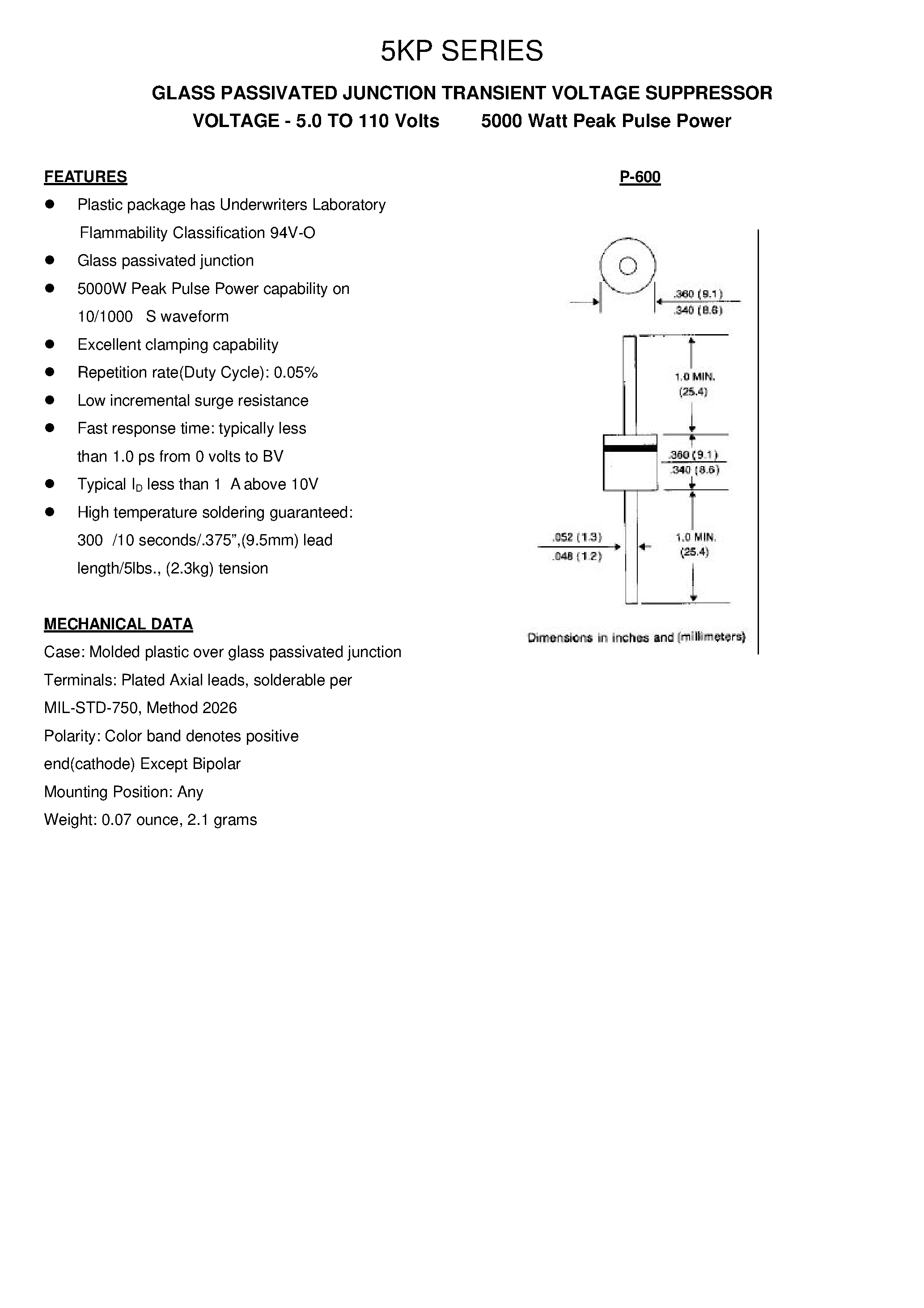 Datasheet 5KP7.5 - GLASS PASSIVATED JUNCTION TRANSIENT VOLTAGE SUPPRESSOR page 1