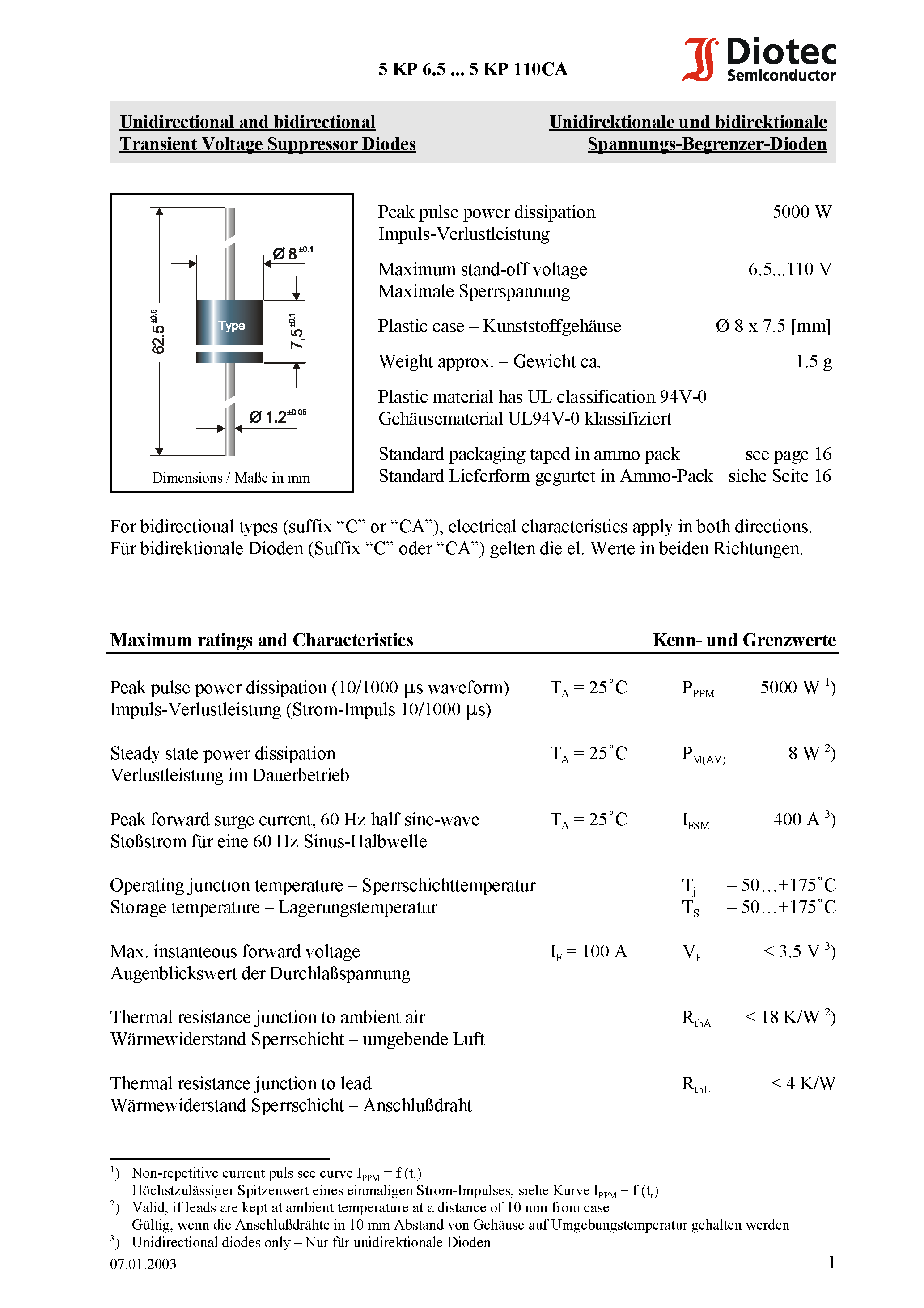 Datasheet 5KP8.5 - Unidirectional and bidirectional Transient Voltage Suppressor Diodes page 1