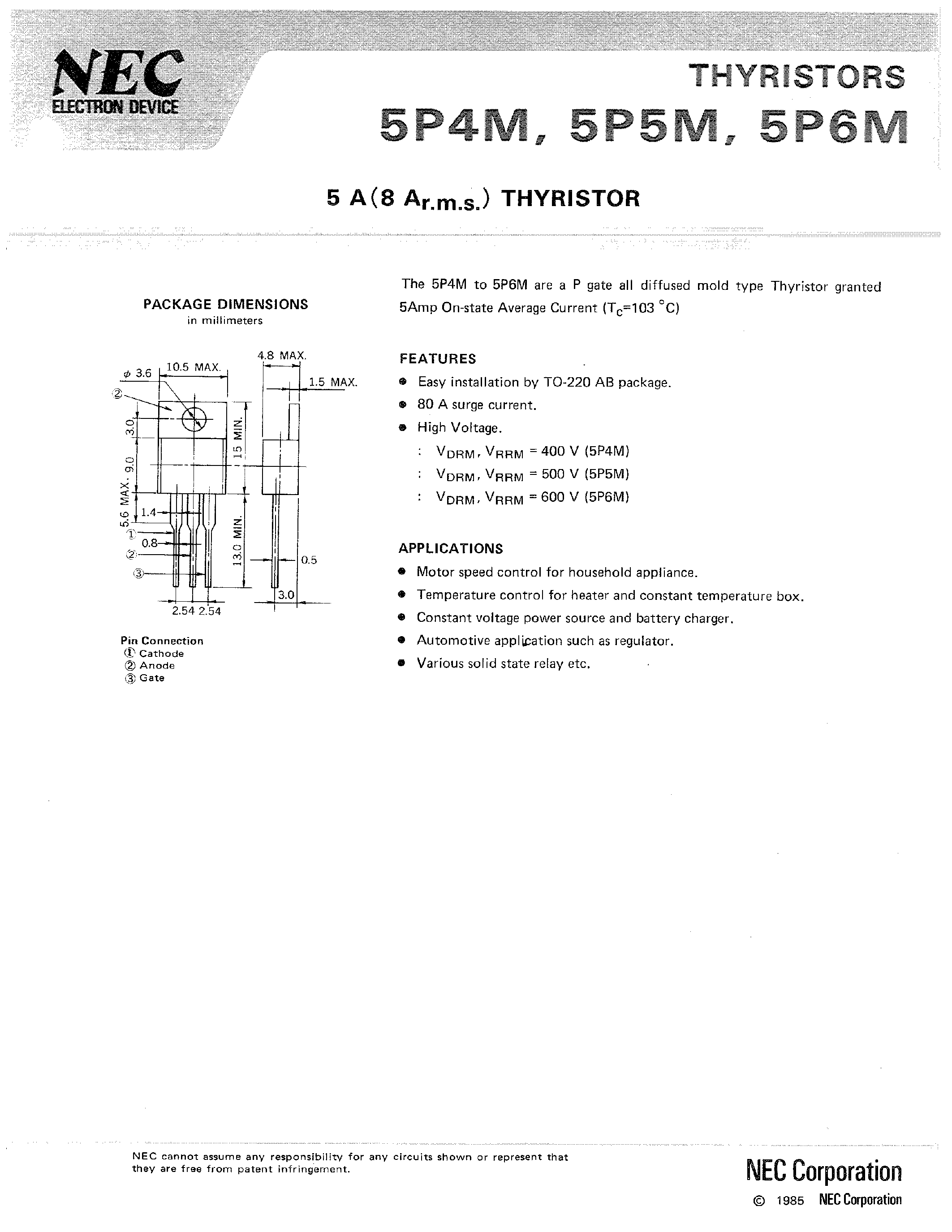 Даташит 5P4M - 5A(8 Ar.m.s) Thyristor страница 1