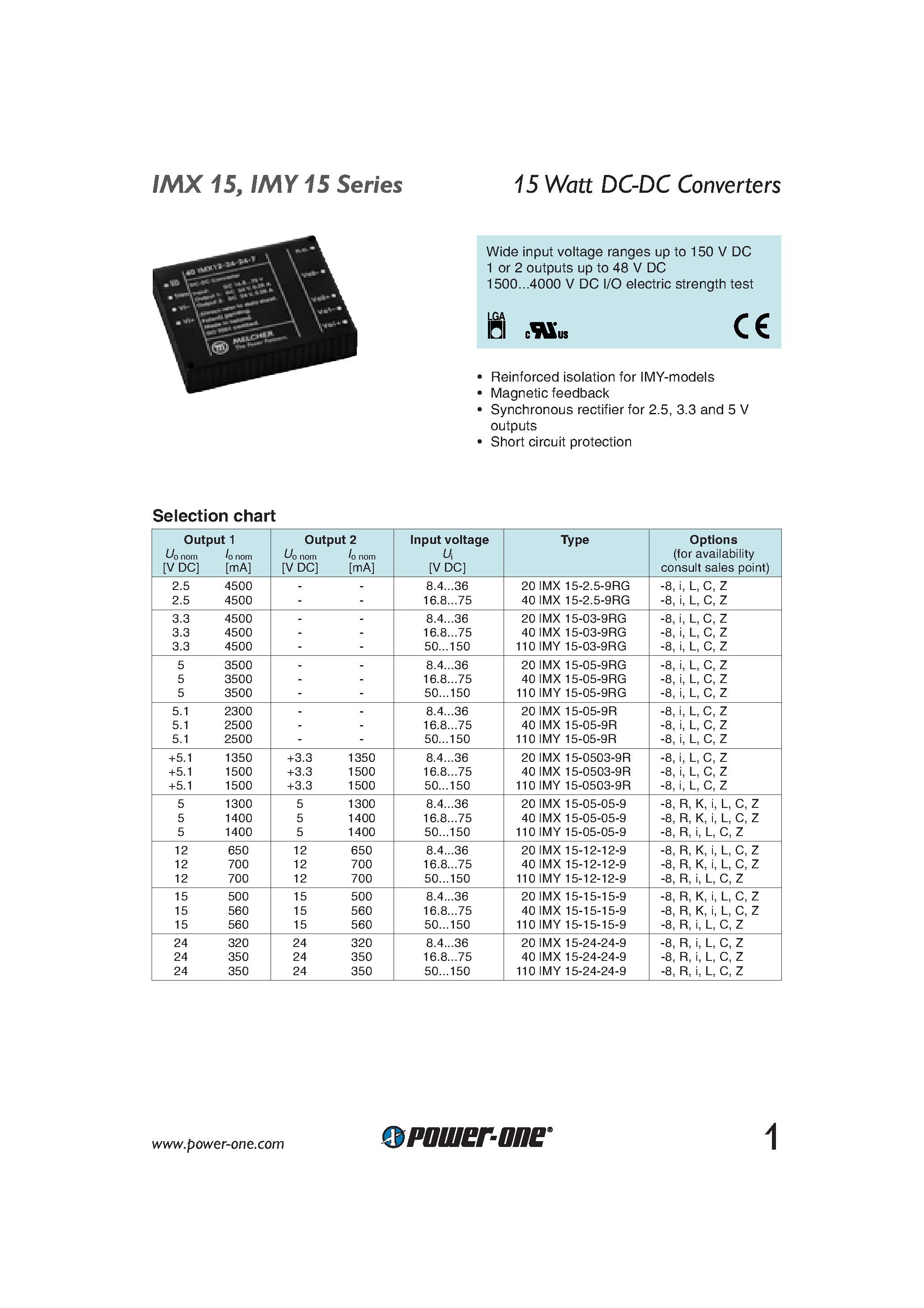 Datasheet 40IMX15-2.5-9RG - 15 Watt DC-DC Converters page 1