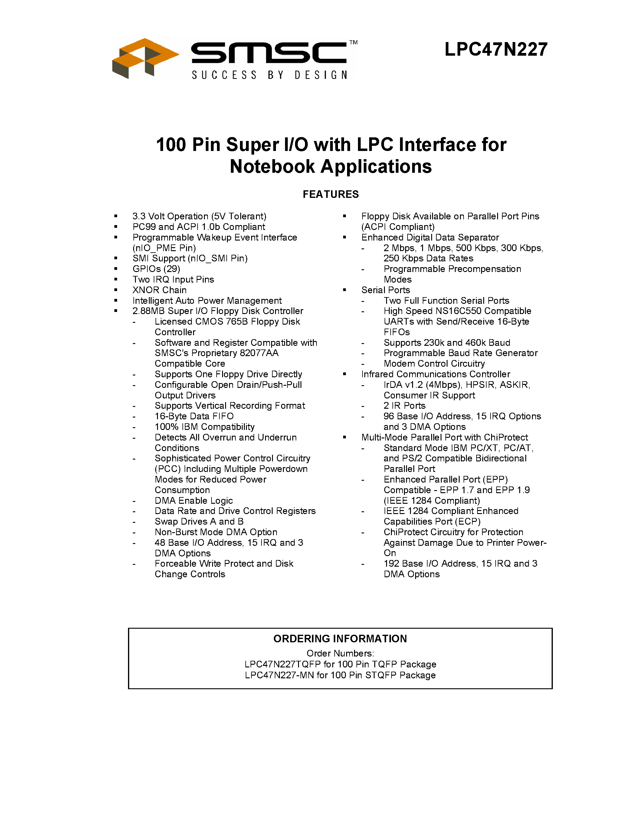 Datasheet 47N227 - 100 Pin Super I/O with LPC Interface for Notebook Applications page 1