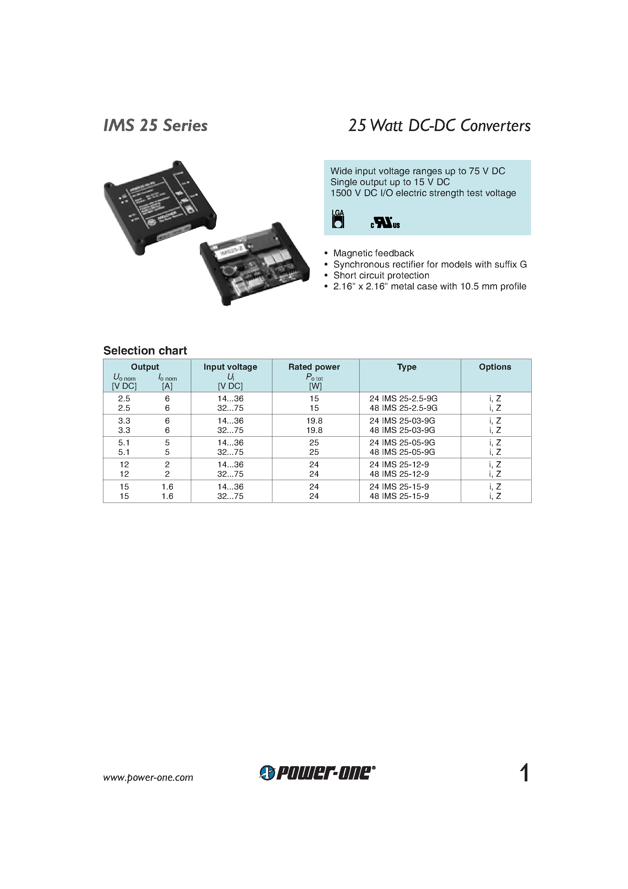 Datasheet 48IMS25-2.5-9G - 25 Watt DC-DC Converters page 1