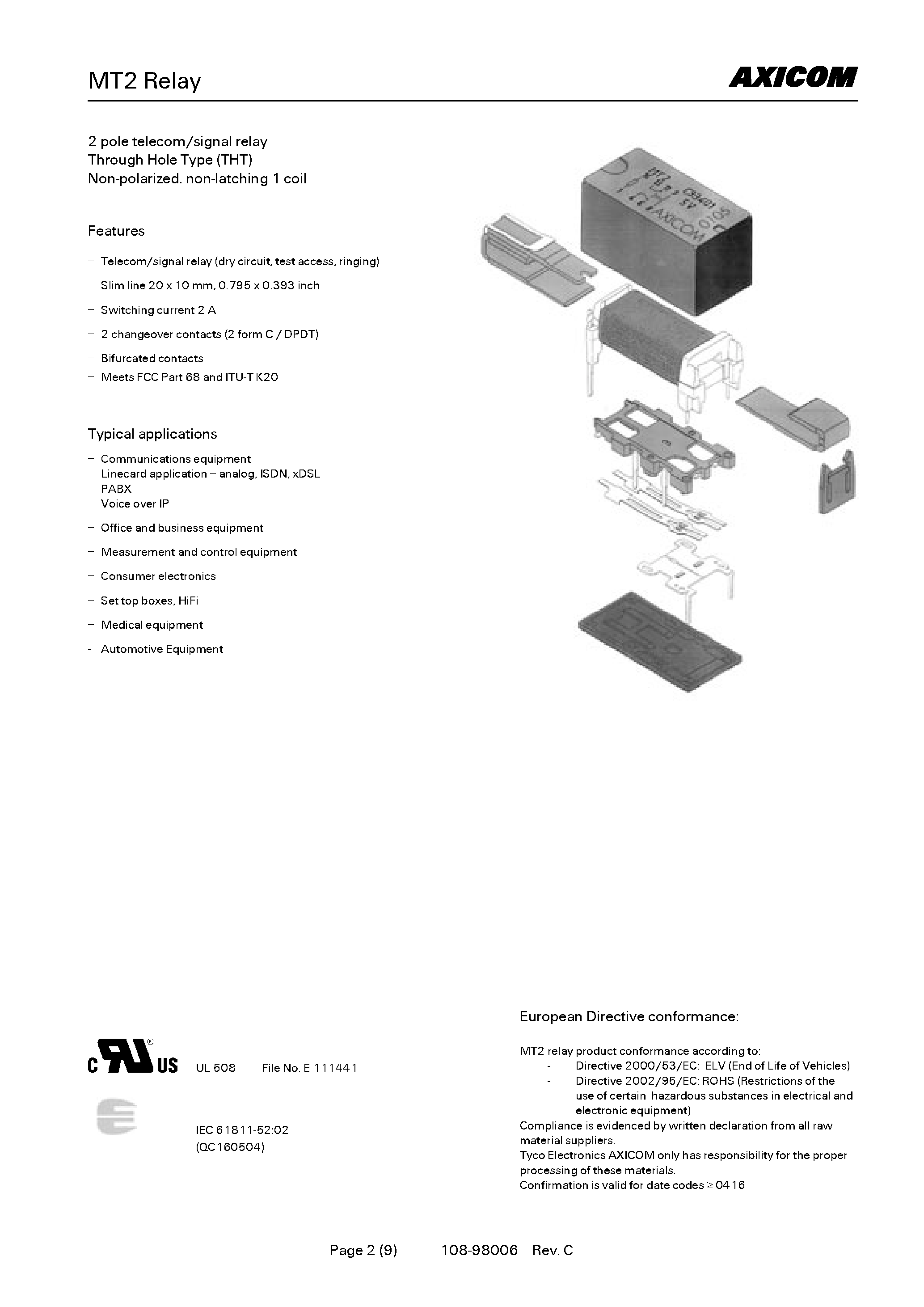 Datasheet 5-1462000-3 - 2 pole telecom/signal relay Through Hole Type (THT) Non-polarized. non-latching 1 coil page 2